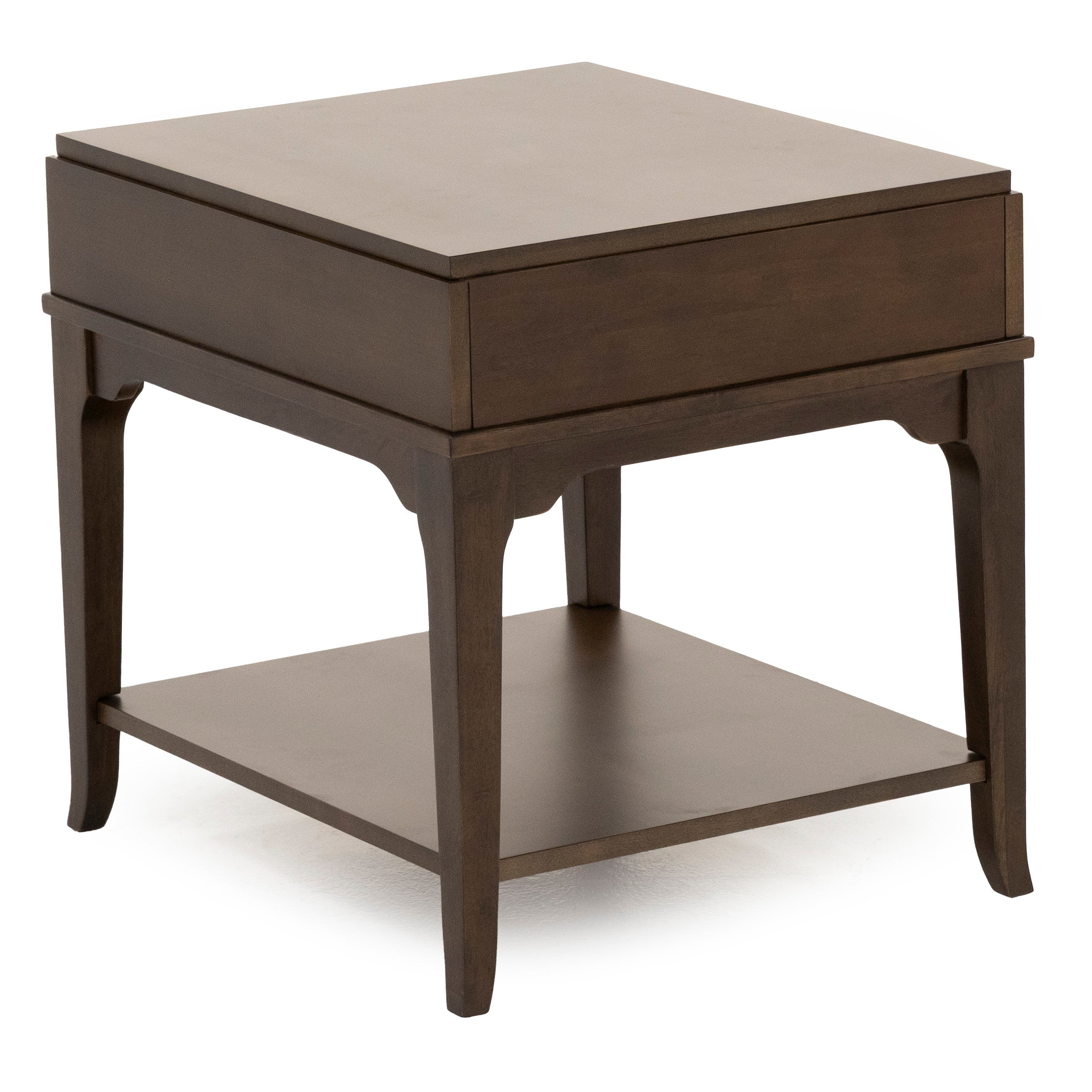 Dark wood end table with a drawer and lower shelf.