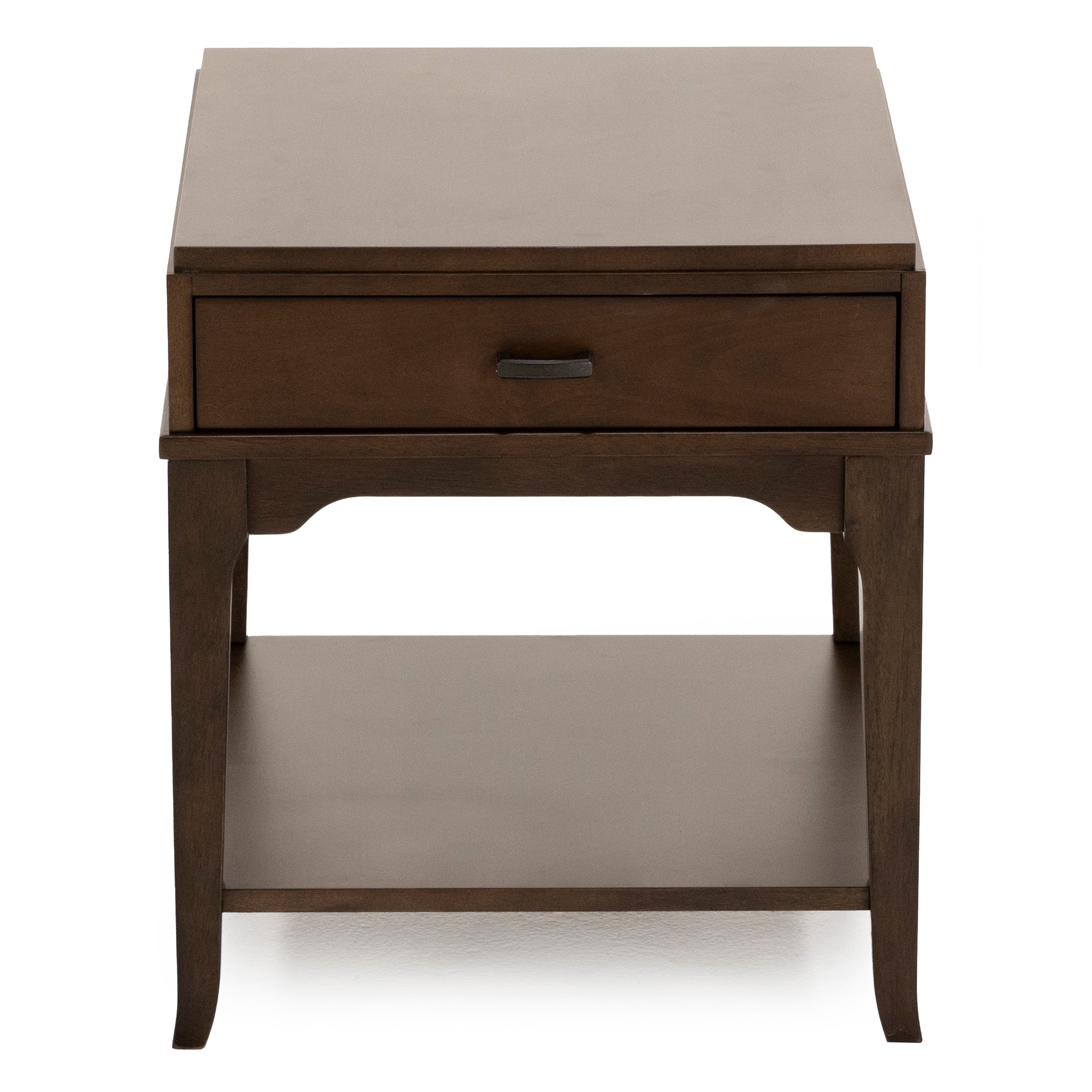 Square wooden end table with one drawer and a lower shelf.