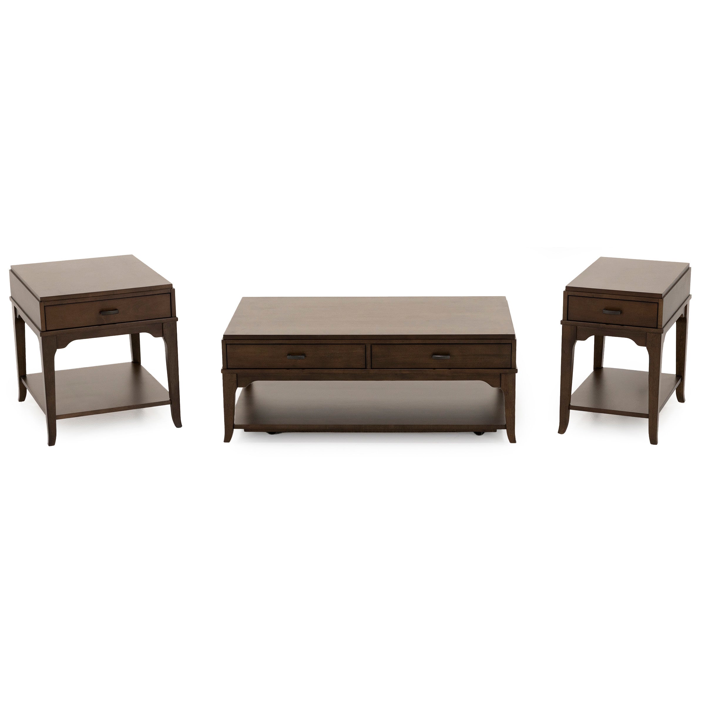 Three-piece wooden table set with drawers and lower shelves, including one coffee table and two end tables.
