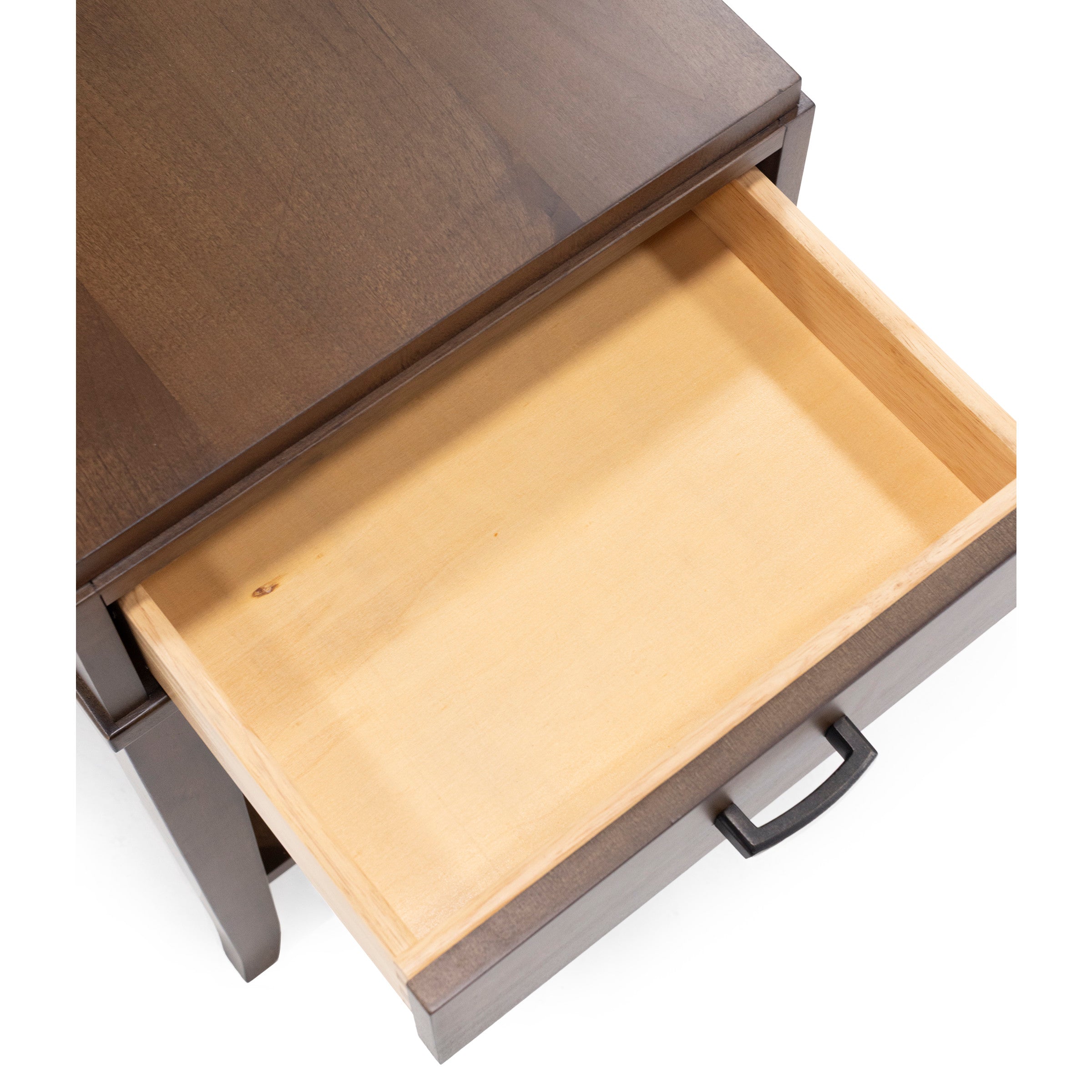 Open wooden drawer in dark-finish nightstand, showing empty interior.
