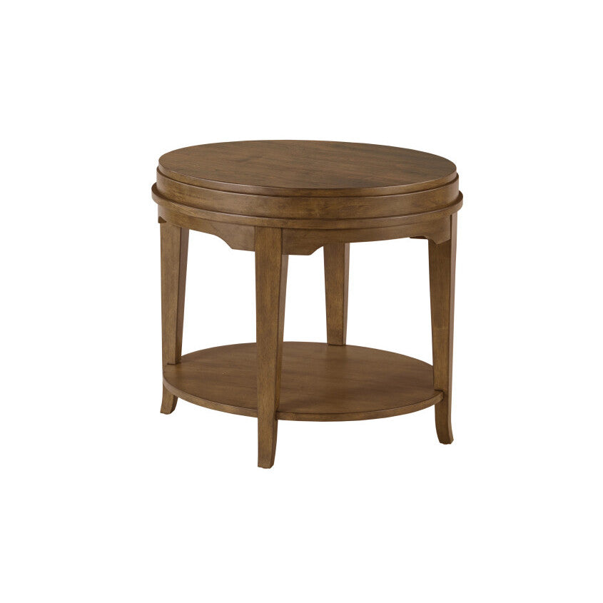 Round wooden end table with lower shelf.