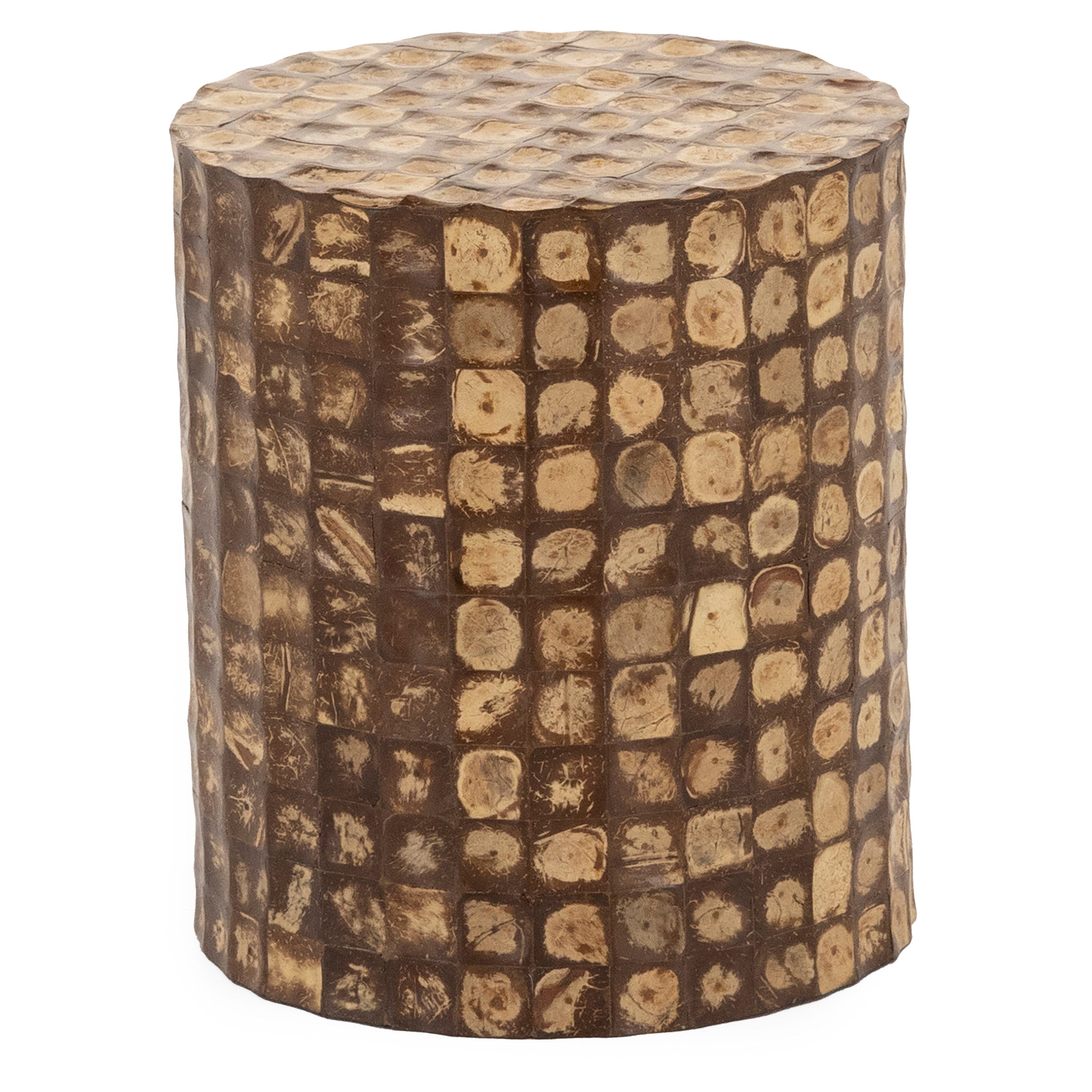 Round wooden accent table with textured, square-pattern surface.