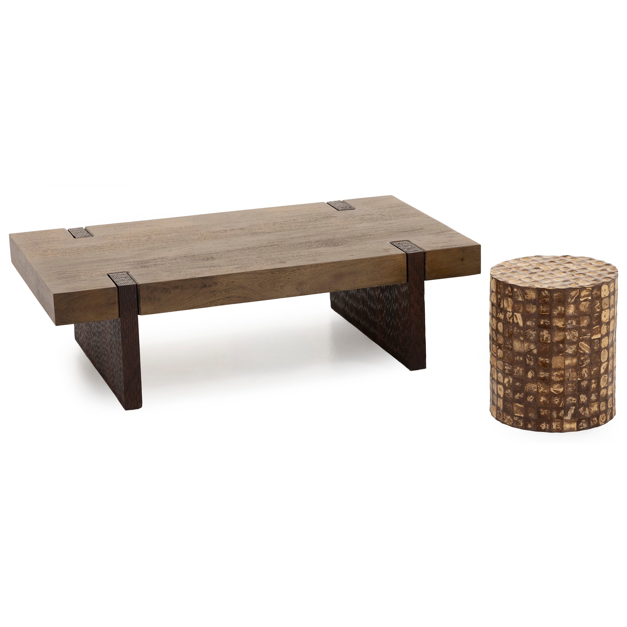 Rectangular wood coffee table with decorative carved wood cylinder side table.