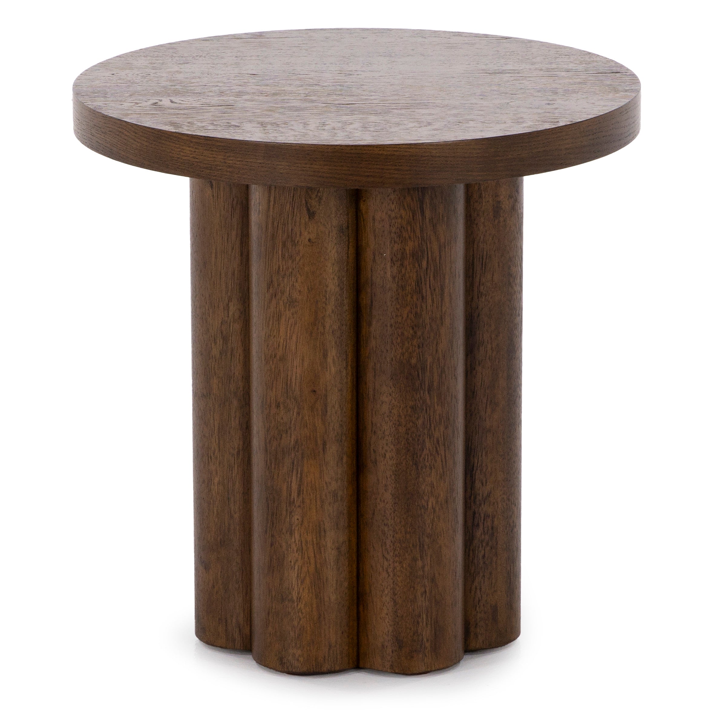 Round wooden side table with a scalloped base.