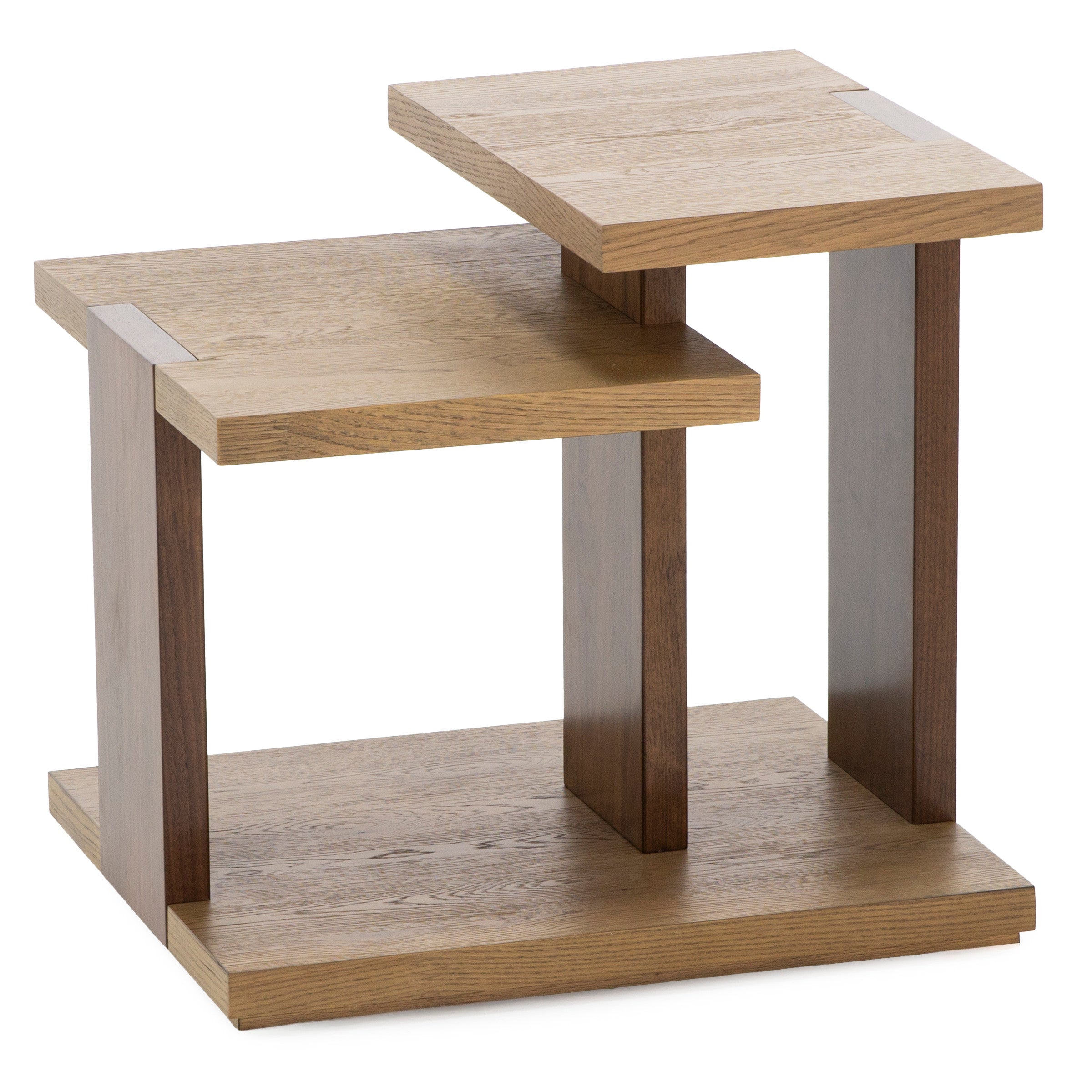 Modern two-tier wood side table with staggered square shelves.