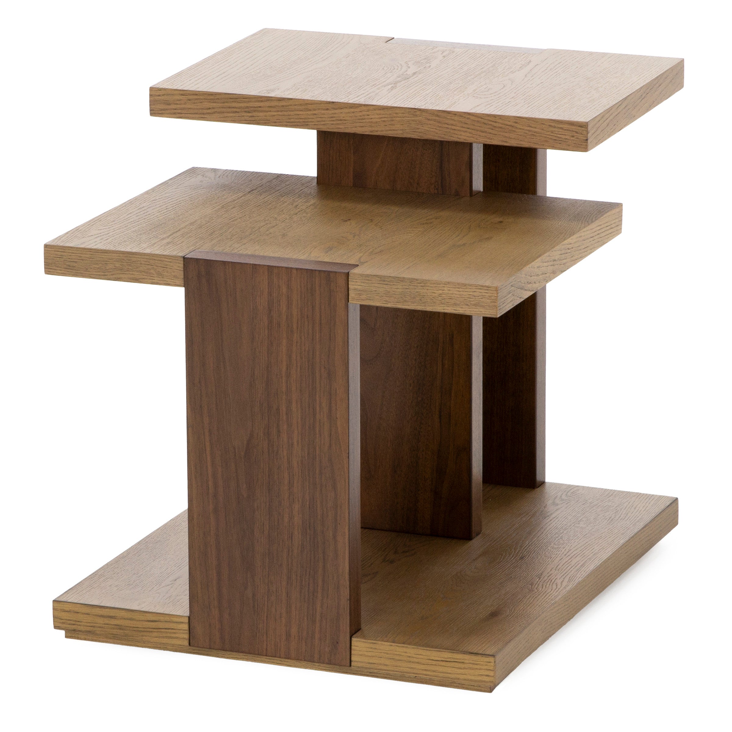 Modern two-tier wood side table with staggered shelves and square design.