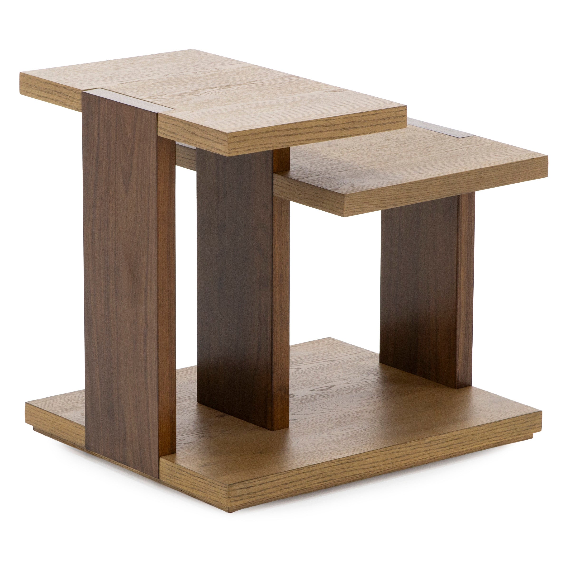 Modern two-tier wooden side table with open shelf design.