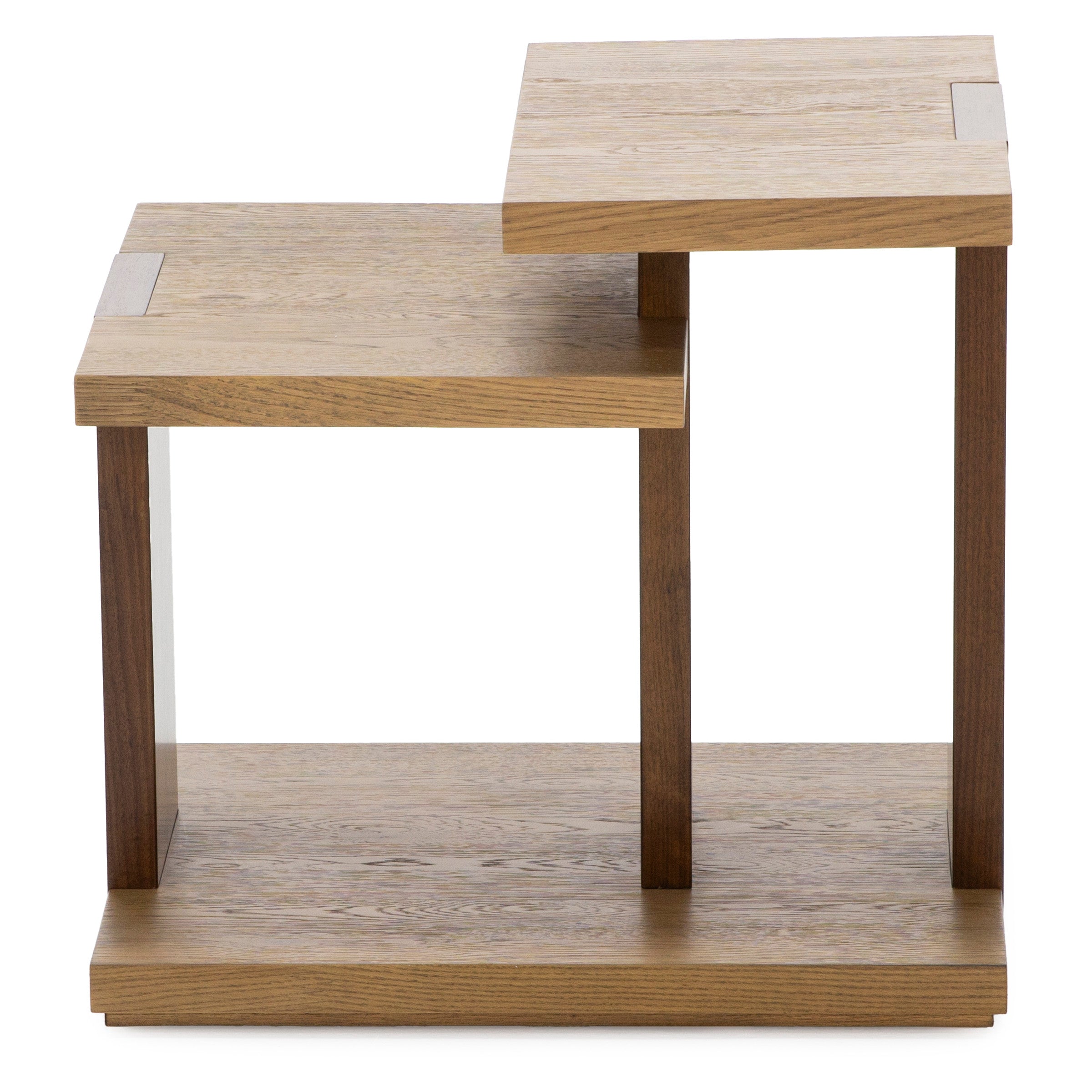 Modern stepped wooden accent table with two tiers and open sides.