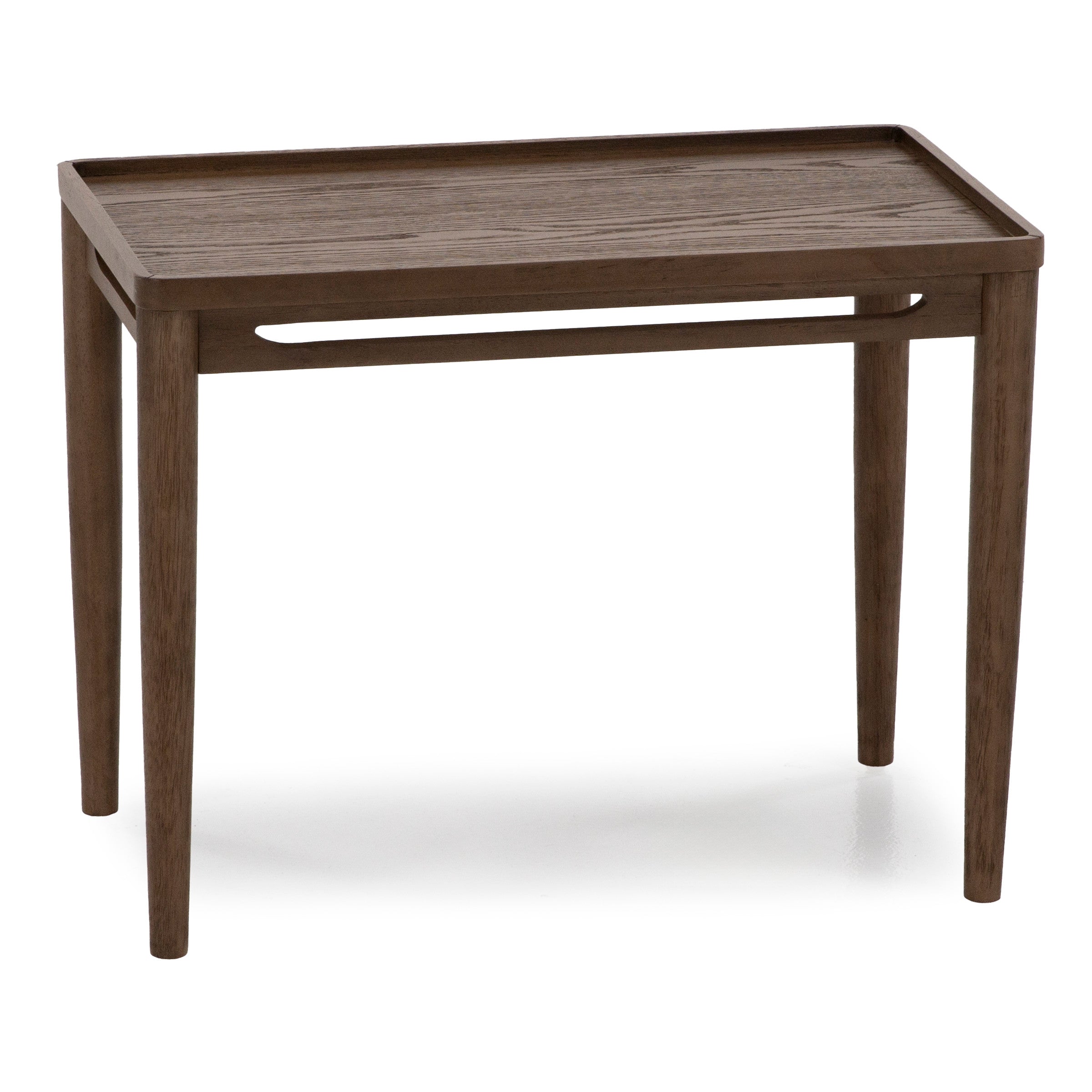 Rectangular wooden side table with raised edges and four tapered legs.