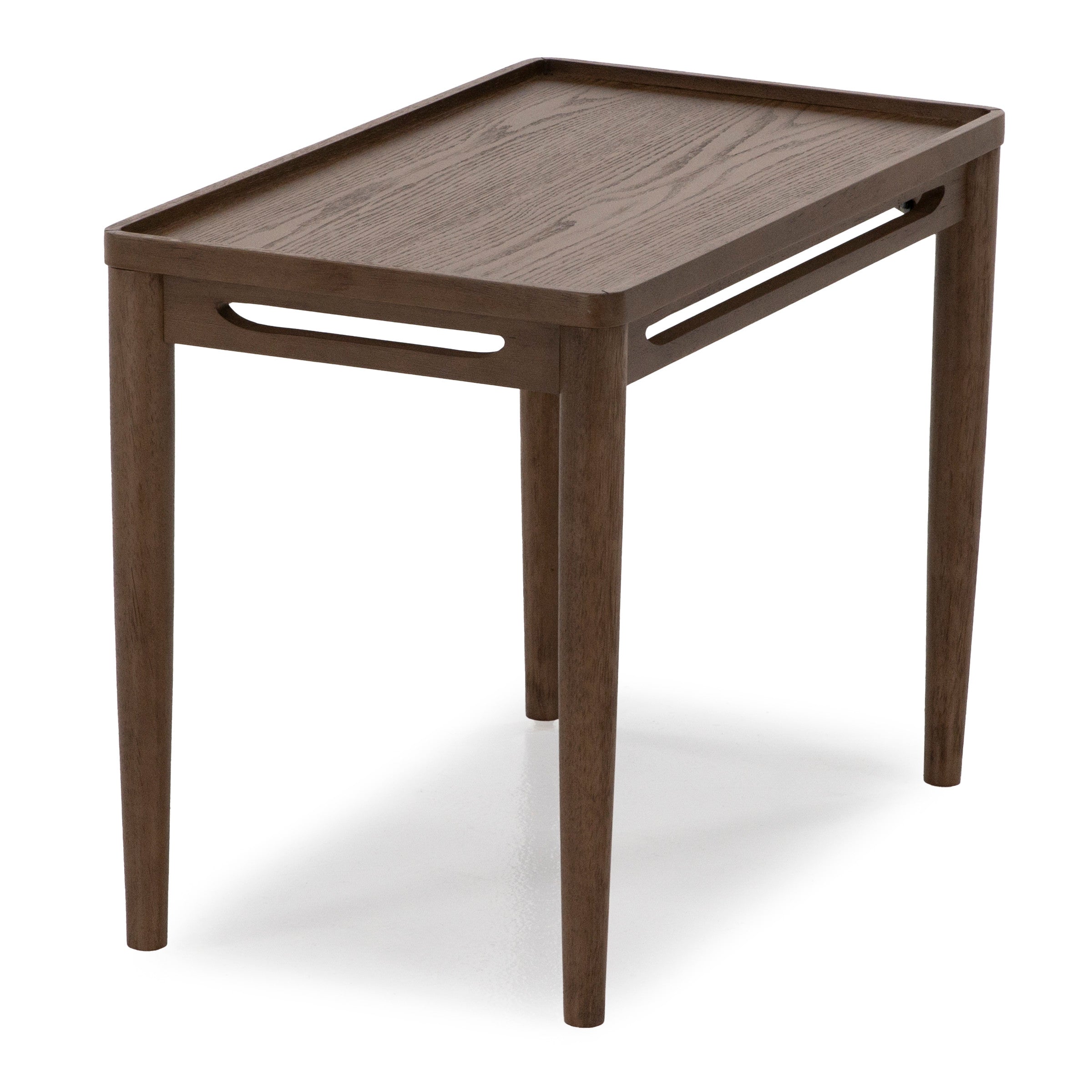 Rectangular wooden side table with raised edges and tapered legs.