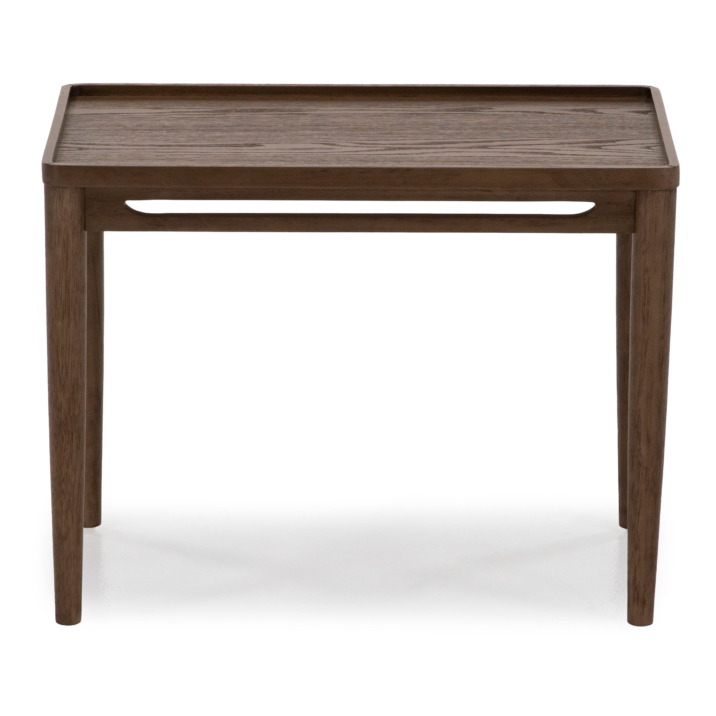 Square wooden side table with tapered legs, shown from the front.