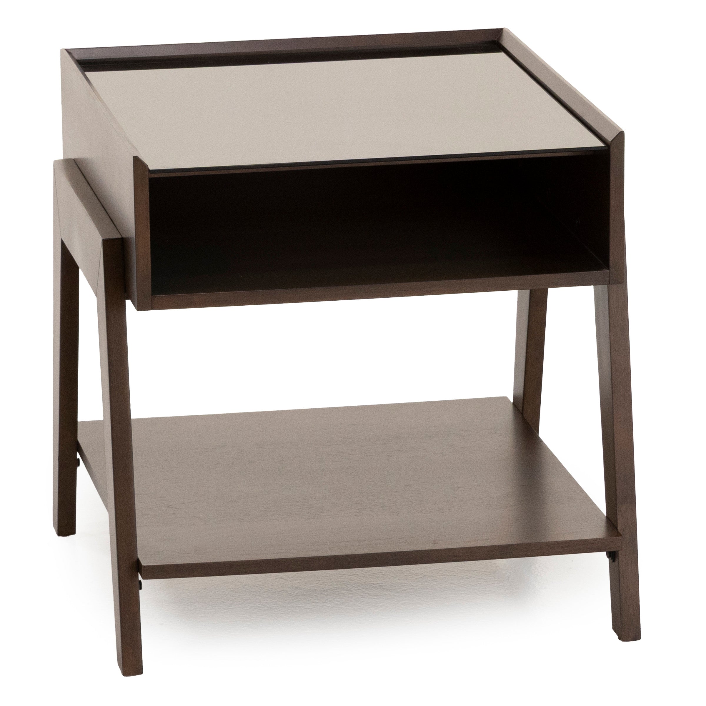 Modern wooden nightstand with open shelf and storage compartment.