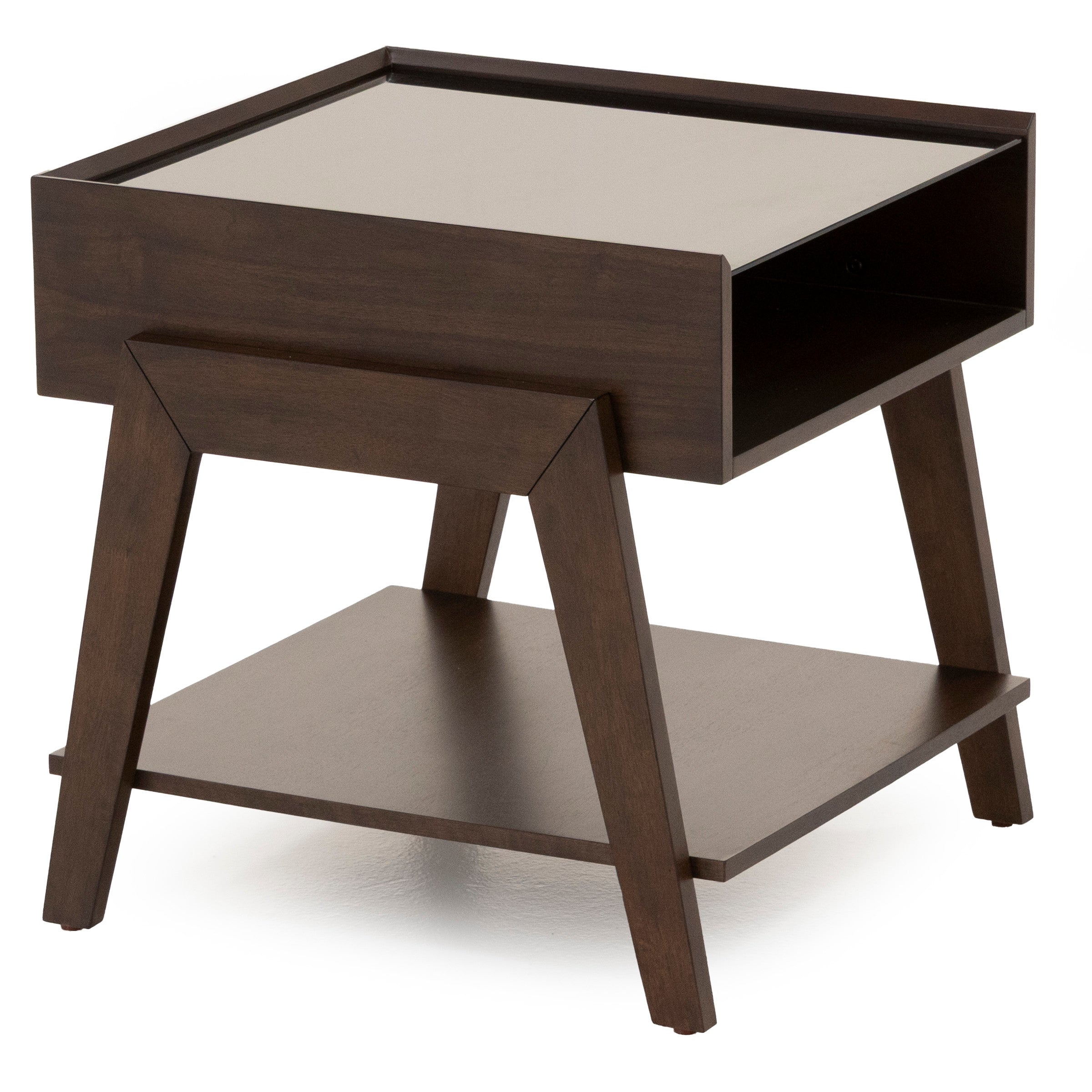 Mid-century modern wooden end table with an open shelf and angled legs.