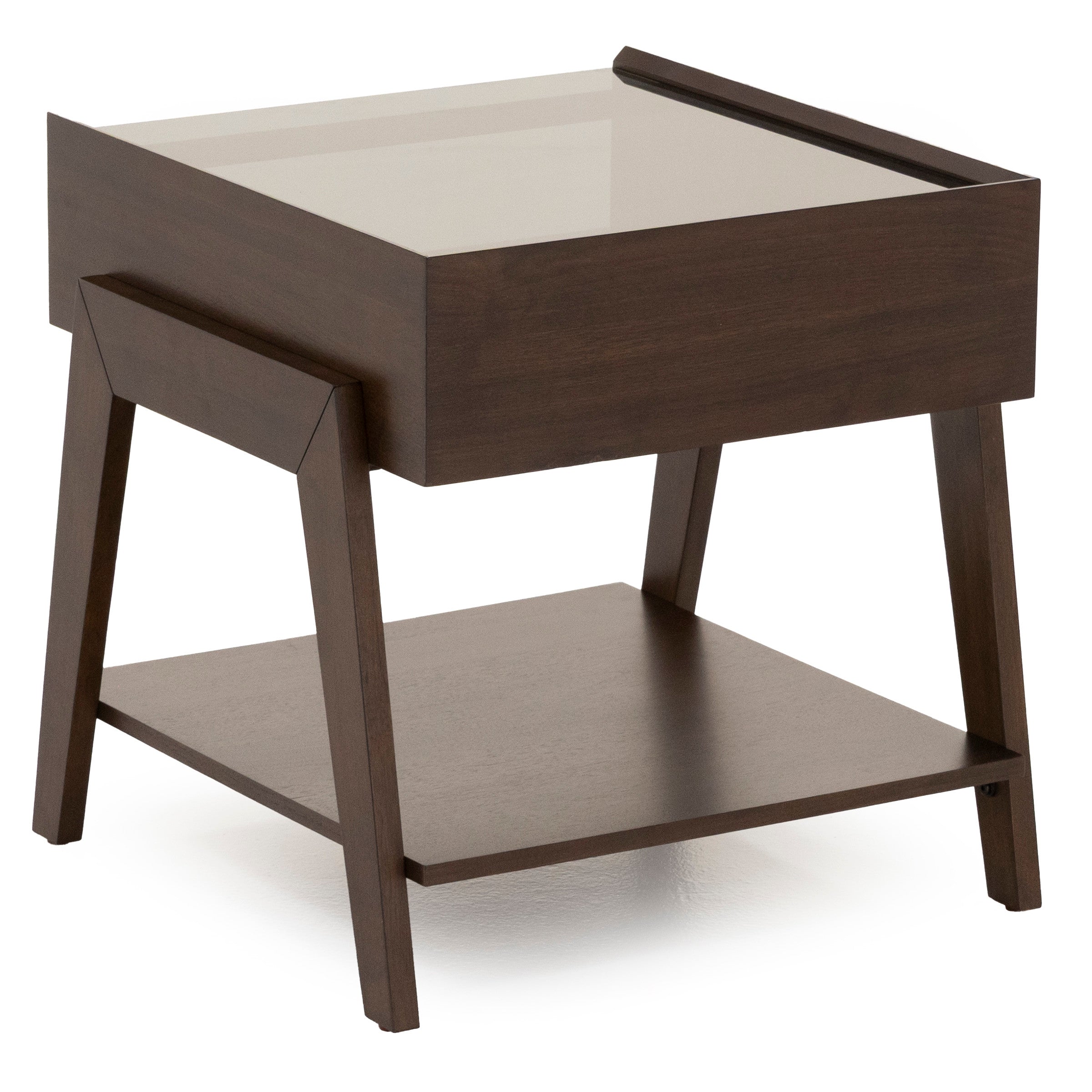 Modern dark wood end table with glass top and lower shelf.