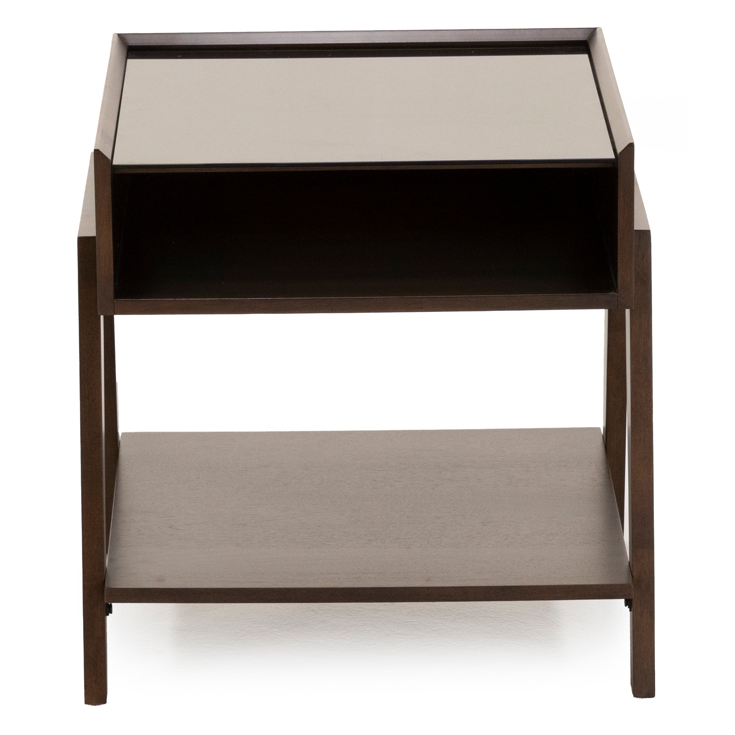 Dark wood end table with a top surface, storage shelf, and open compartment.