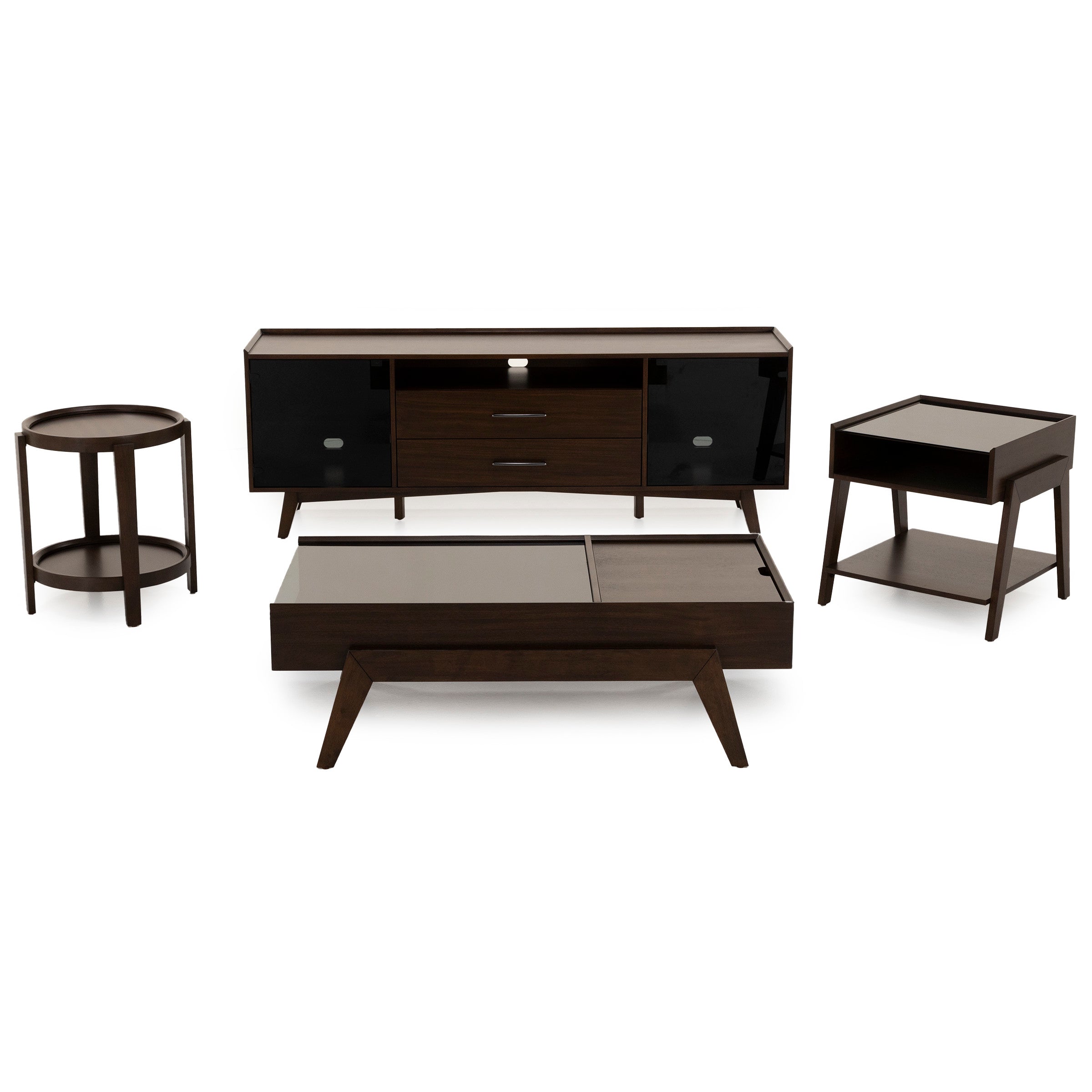 Set of dark wood tables and a media console with clean, modern lines.