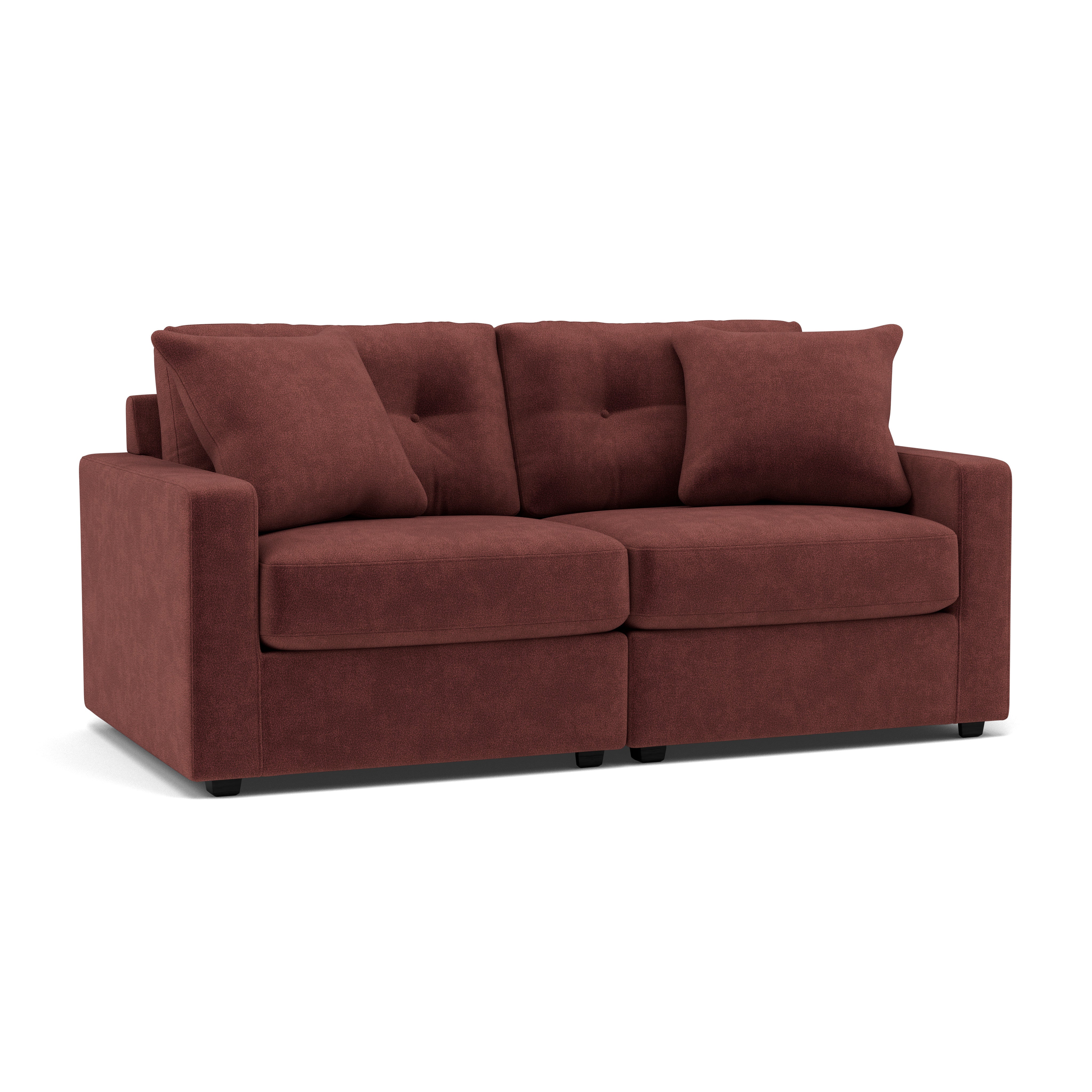 Red loveseat with square arms and two seat cushions, shown on white background.