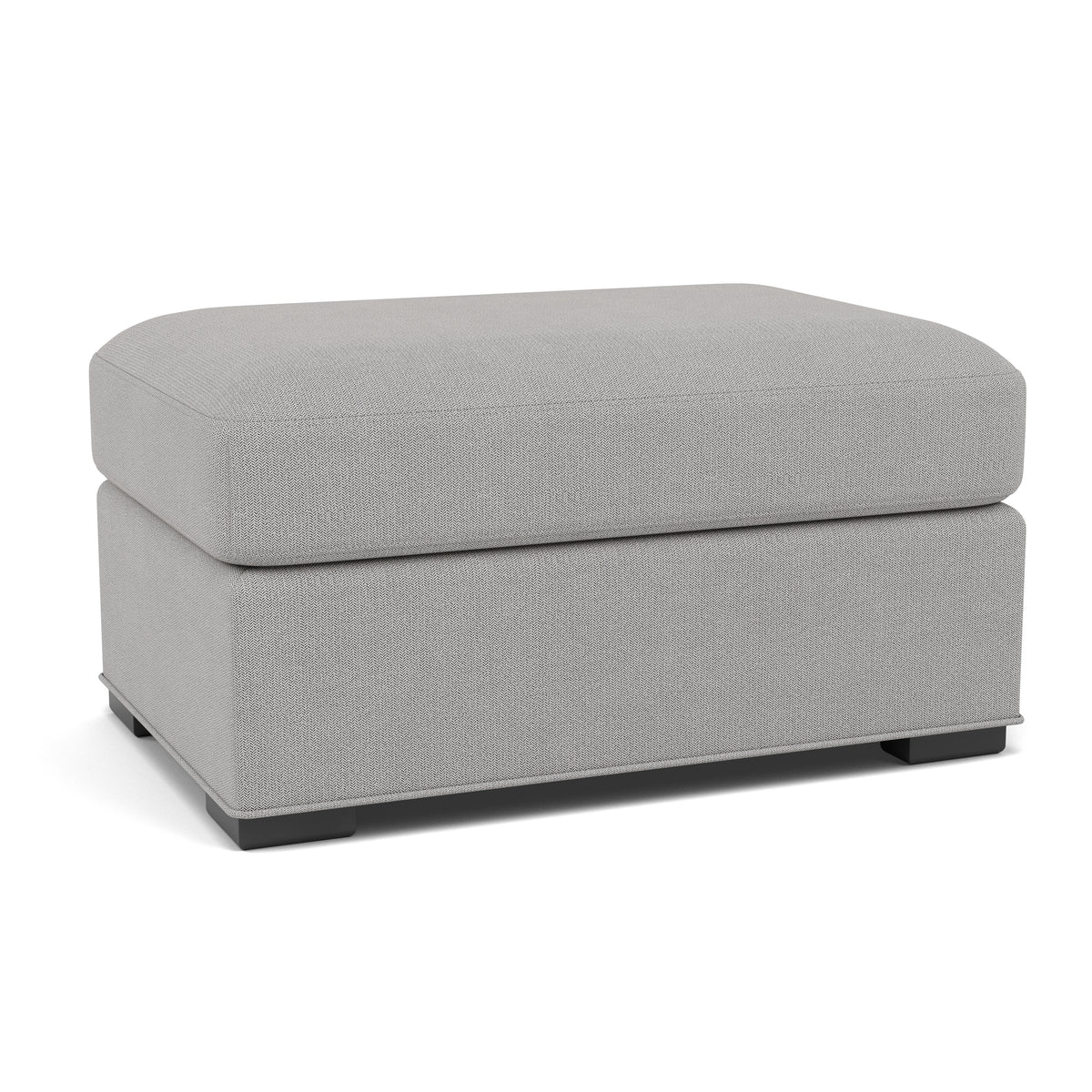 Light gray upholstered ottoman with block feet, suitable for living rooms or bedrooms.