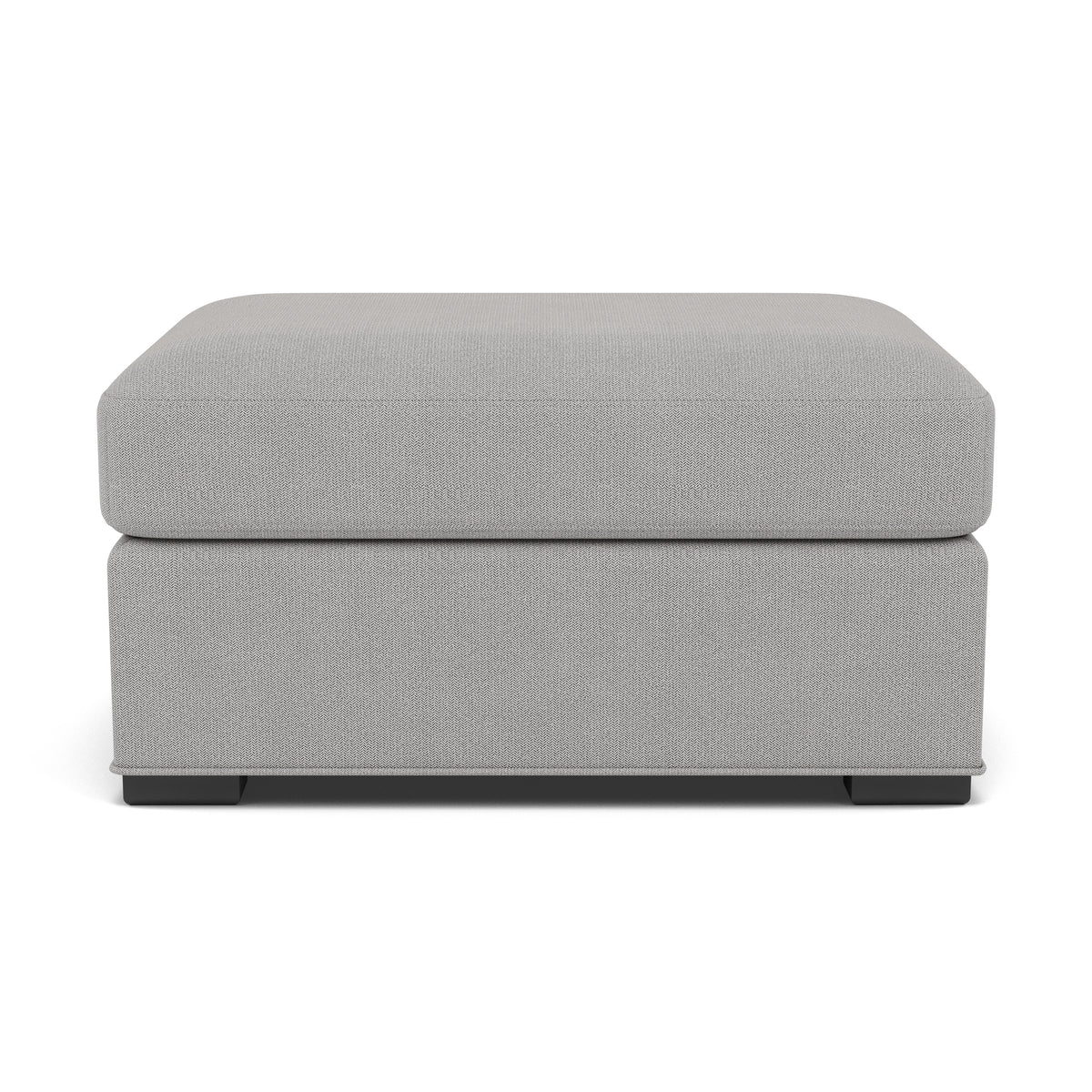 Front view of a modern, light gray upholstered ottoman.