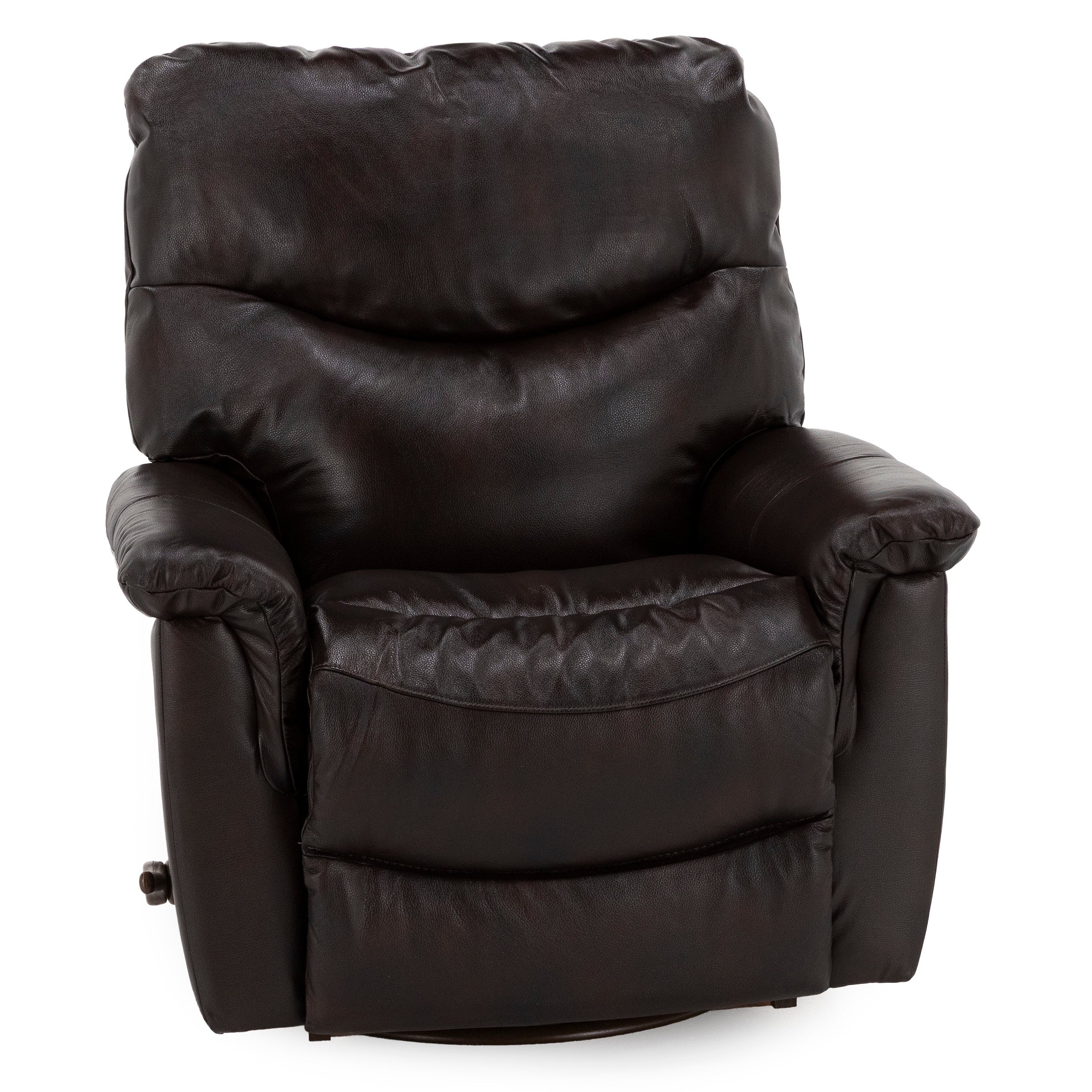 Dark brown leather recliner chair with padded arms and backrest.