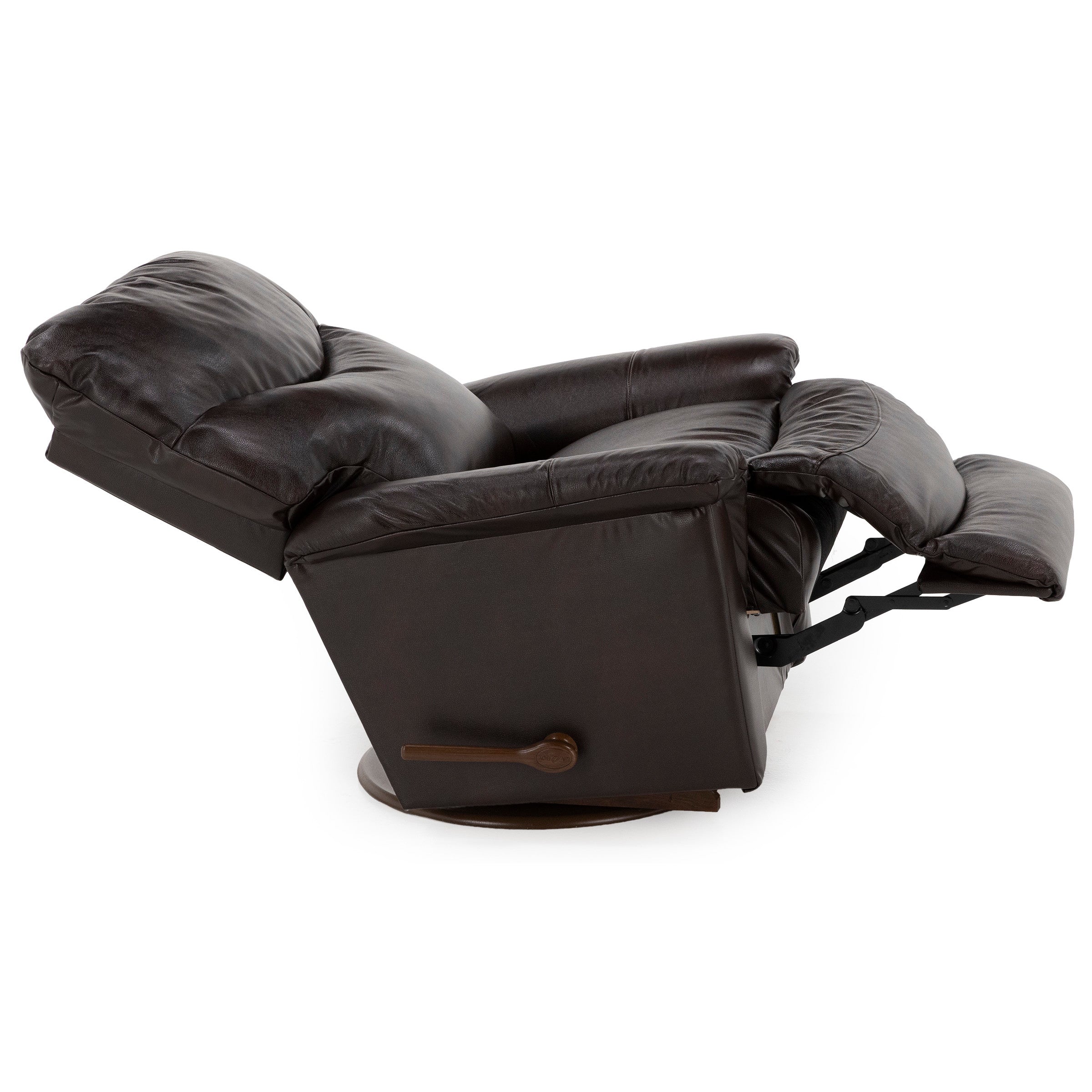 Reclined brown leather chair with raised footrest.