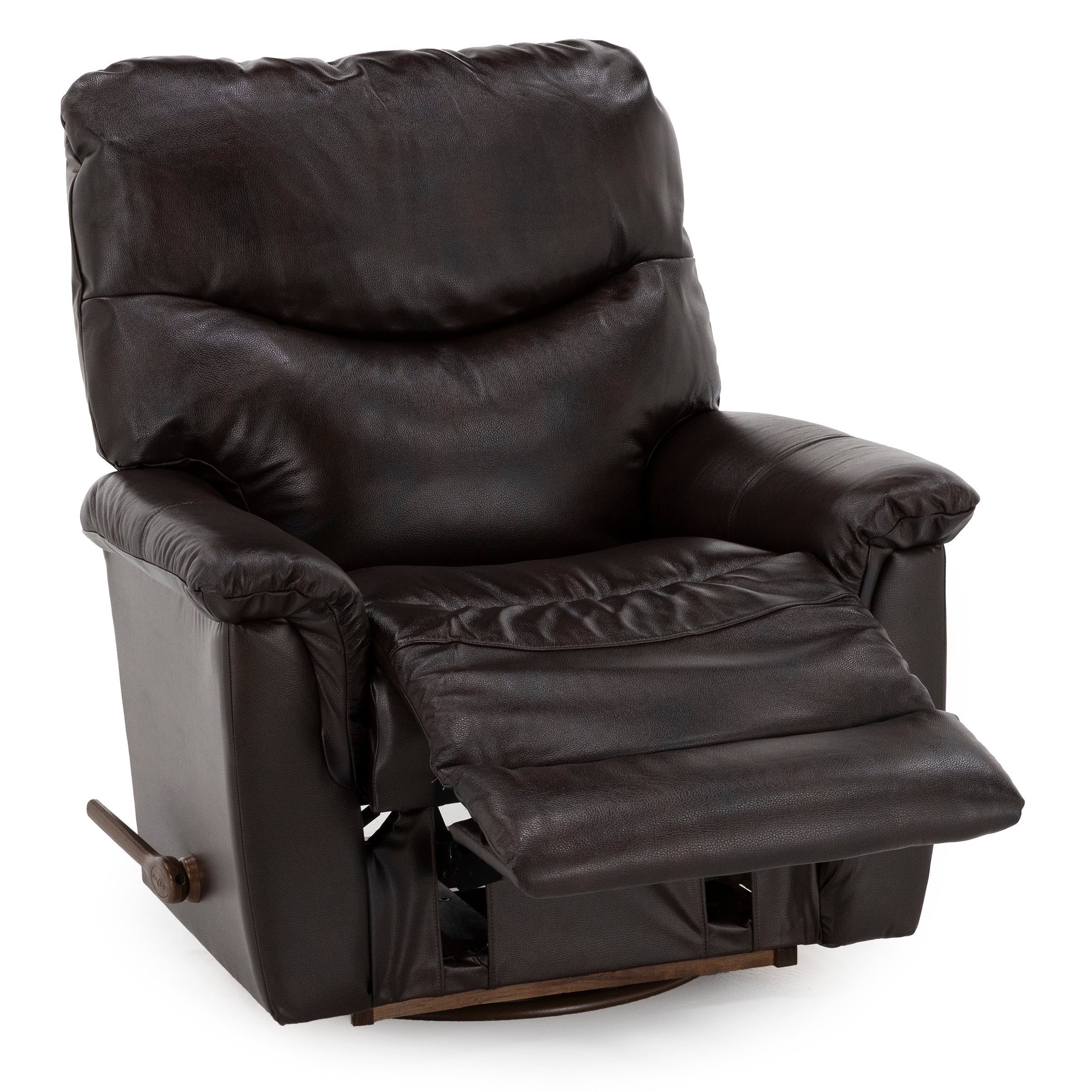 Dark brown leather recliner chair with extended footrest.