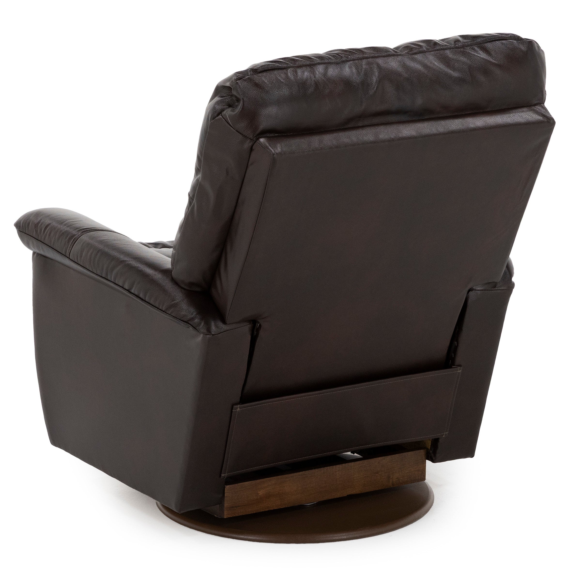 Back view of a dark brown leather swivel recliner chair.