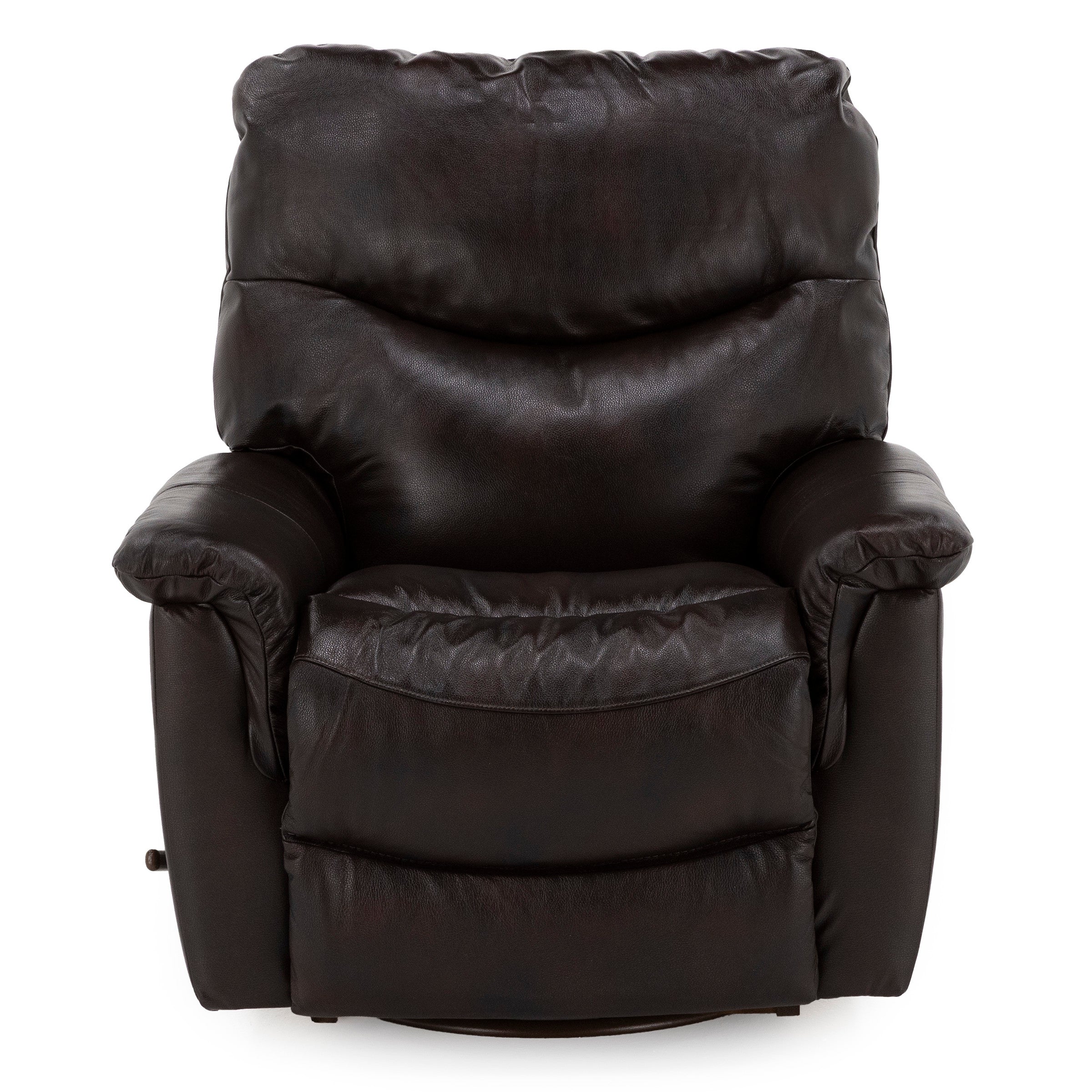 Dark brown leather recliner chair, front view, with plush cushions and armrests.