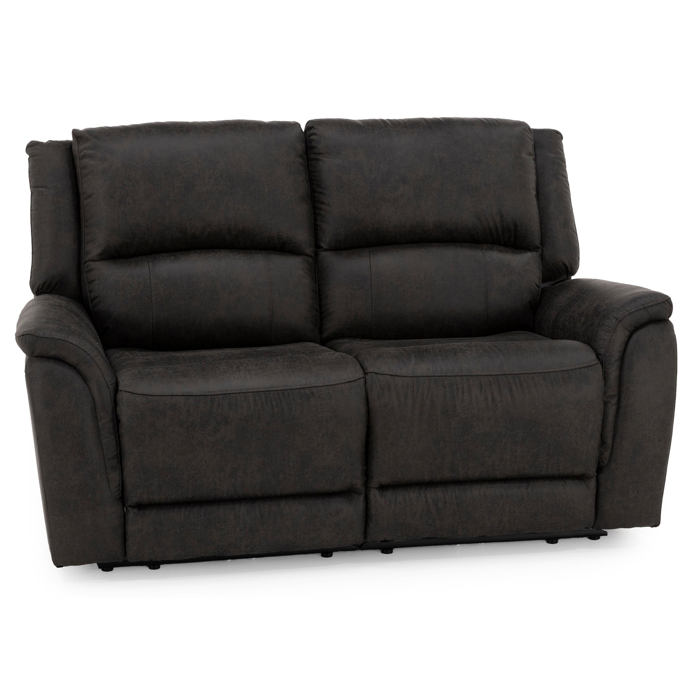 Dark brown reclining loveseat with plush cushions and armrests.