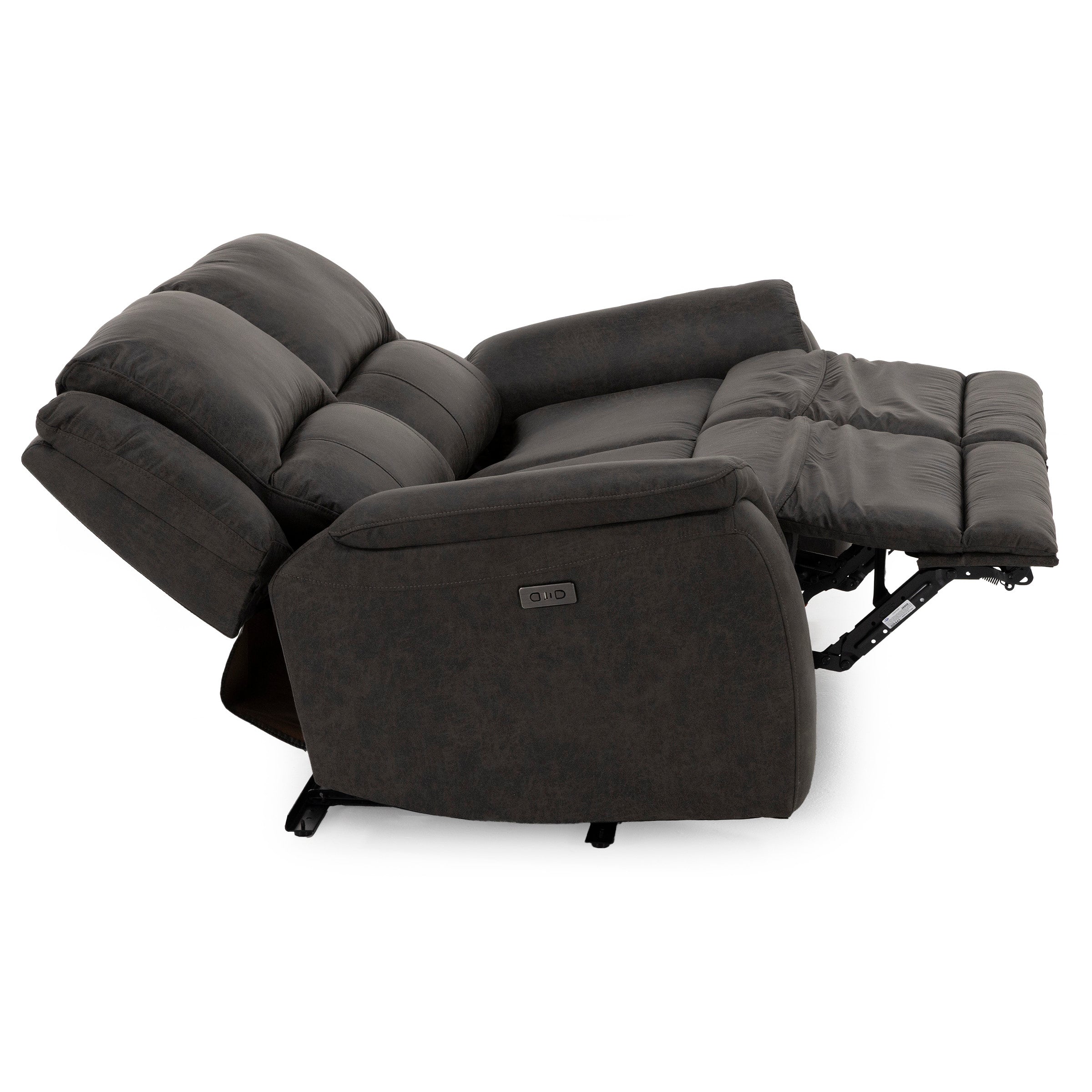 Dark gray reclining chair shown fully extended for relaxation and comfort.