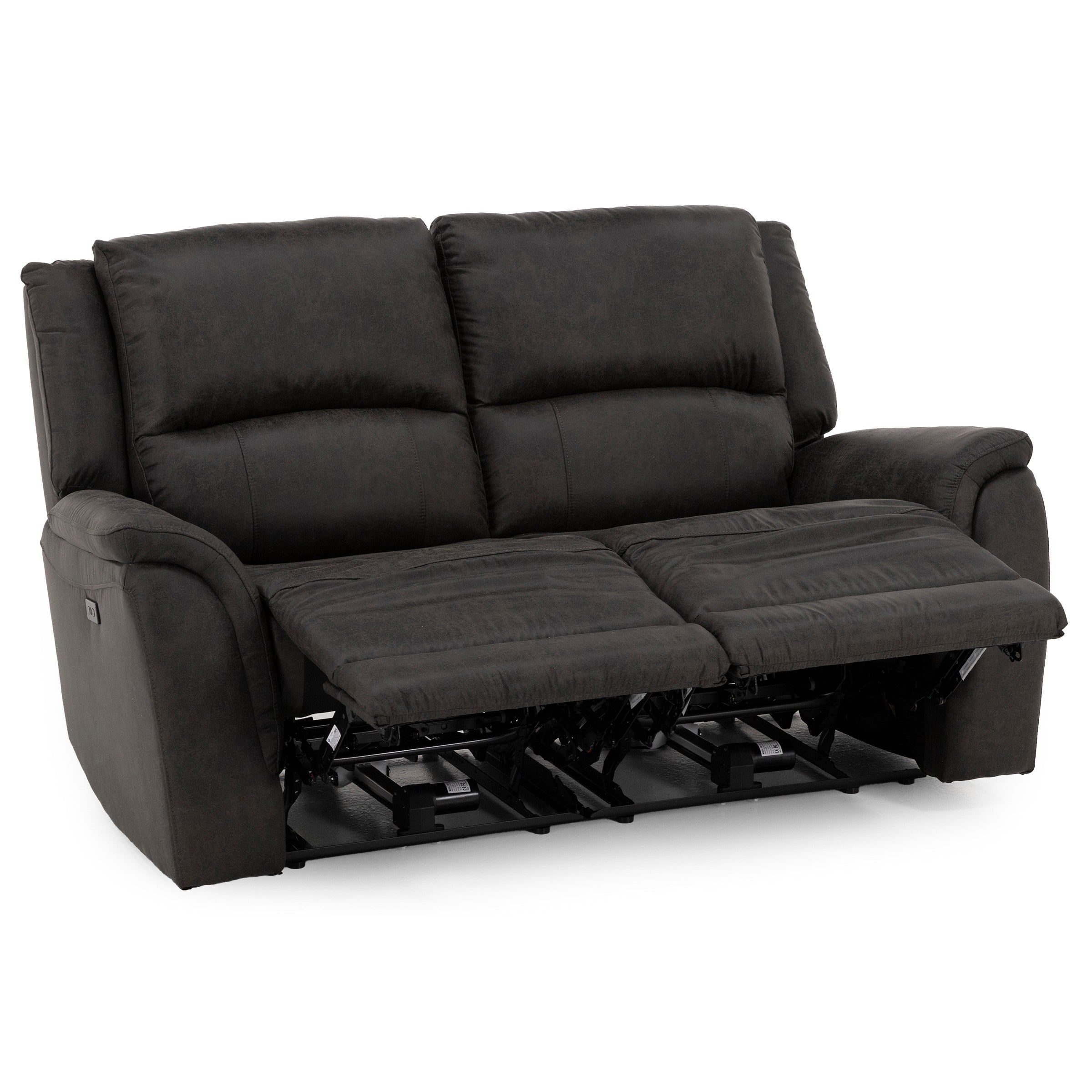 Dark brown reclining sofa with both footrests extended