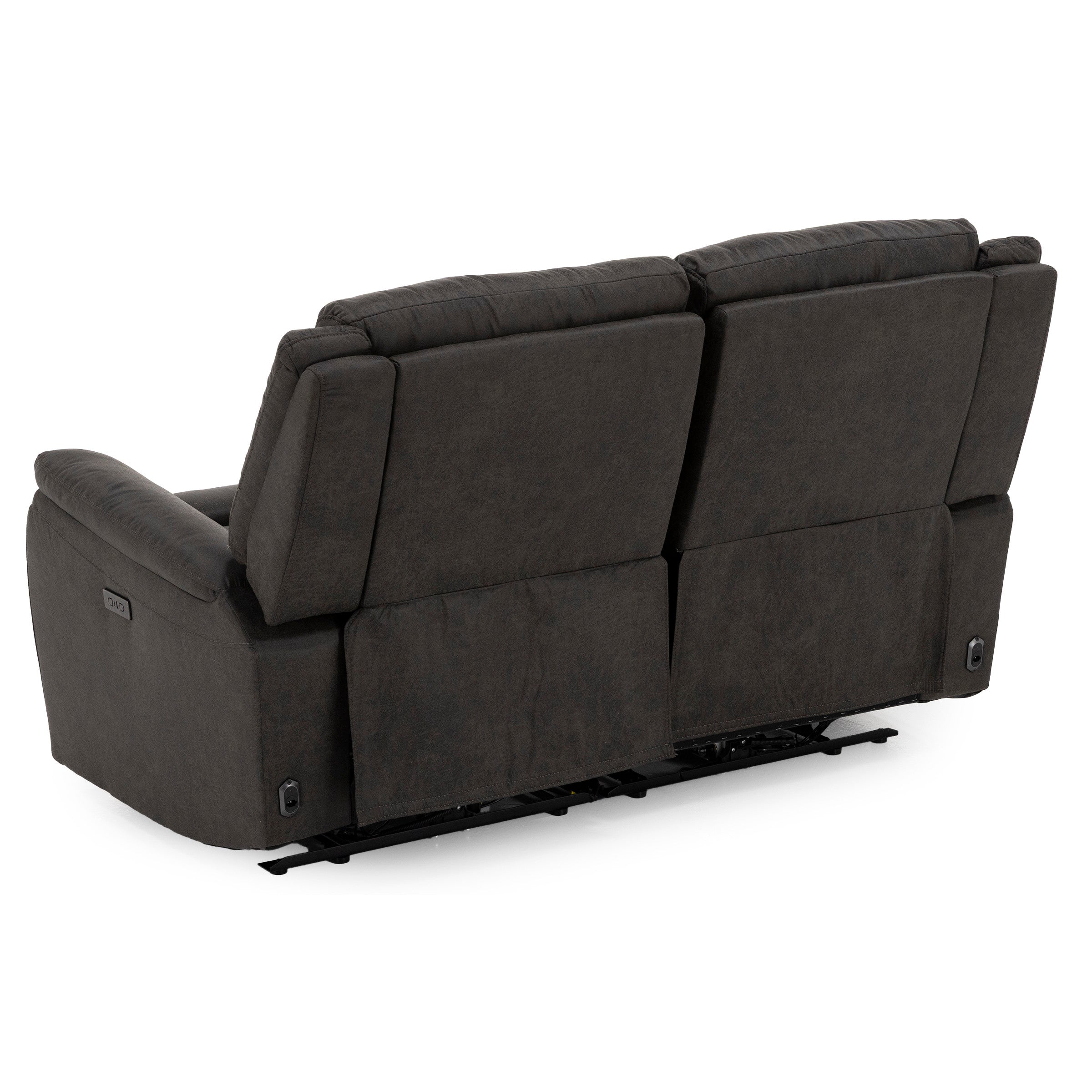 Back view of a dark gray reclining loveseat with padded cushions.