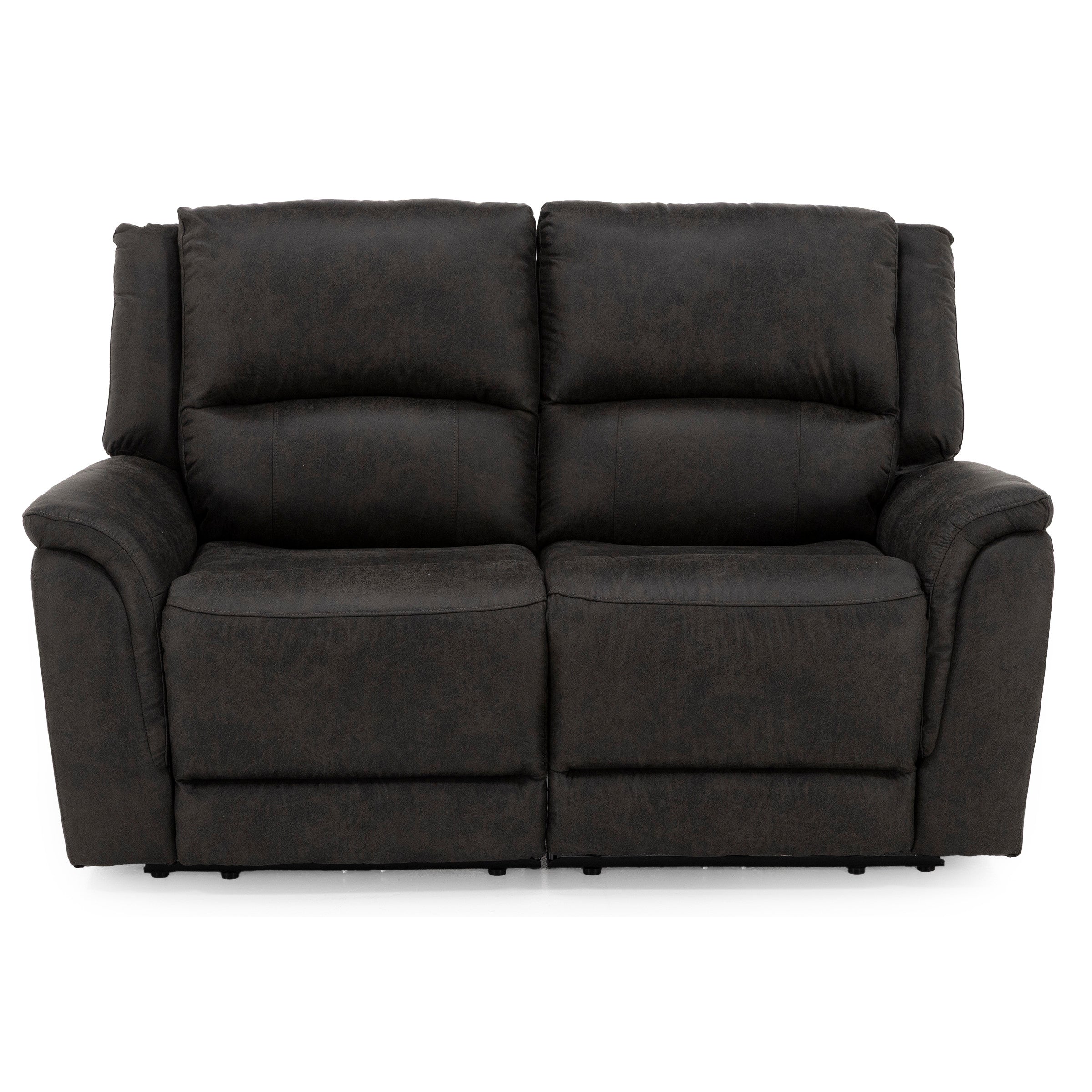 Dark brown two-seat leather sofa with plush cushions and wide armrests.