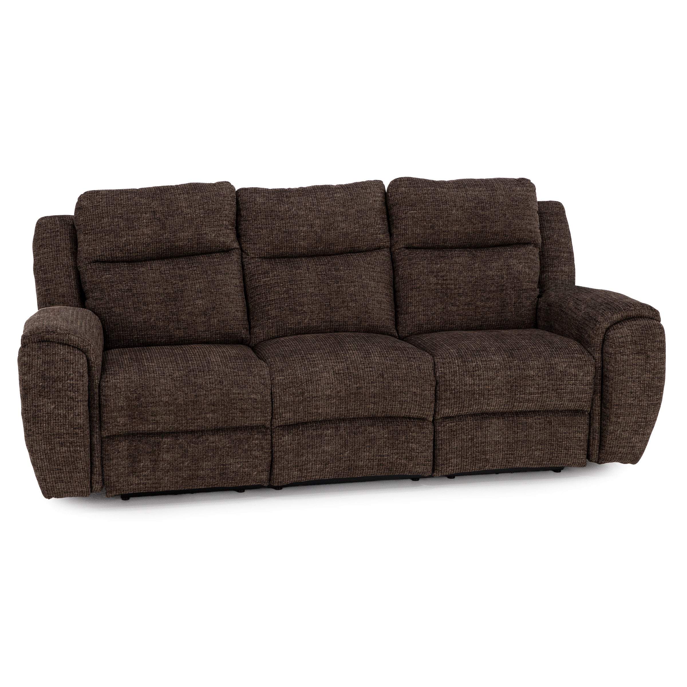 Dark brown three-seat fabric sofa with wide arms and cushioned backrests.