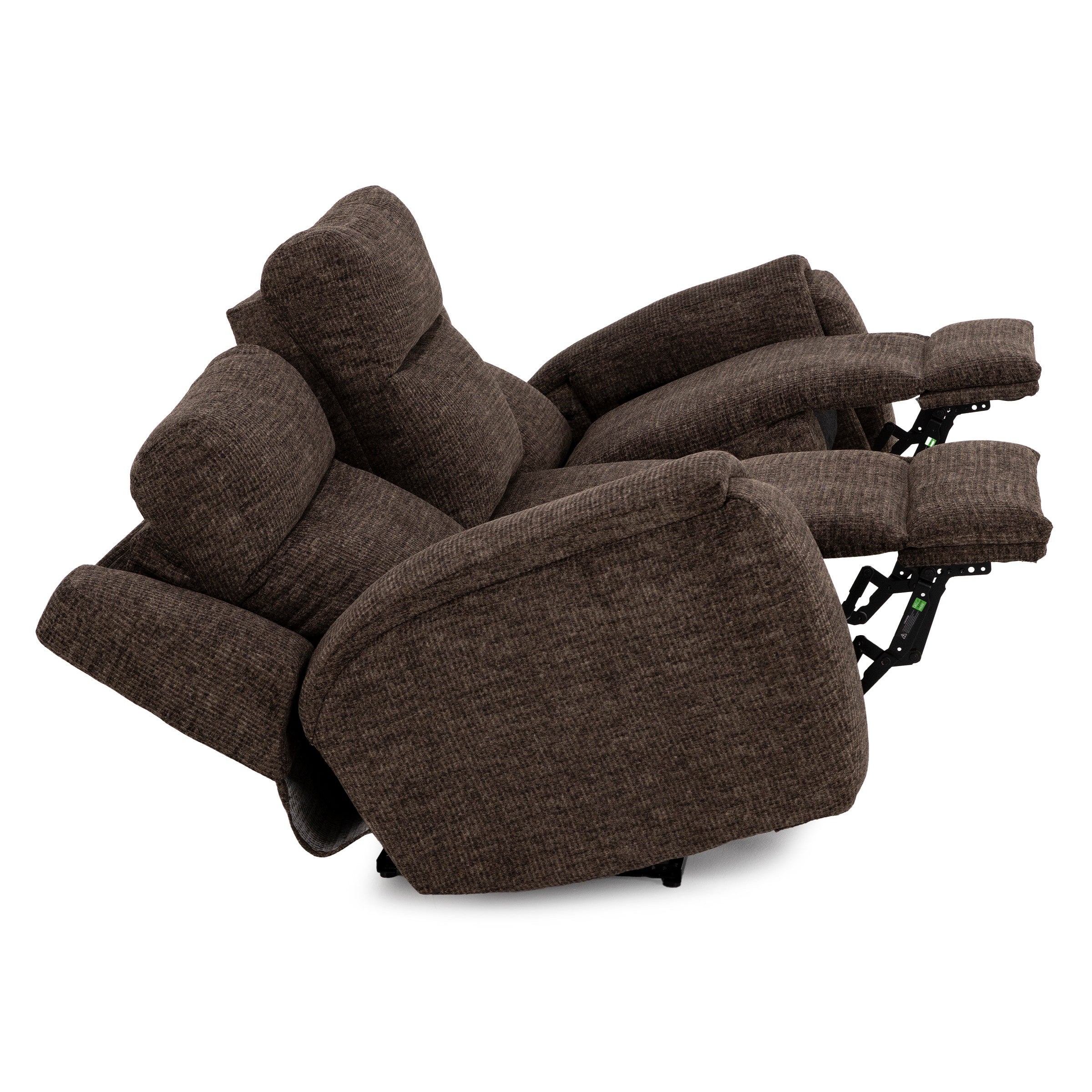 Brown upholstered double recliner with both seats extended.