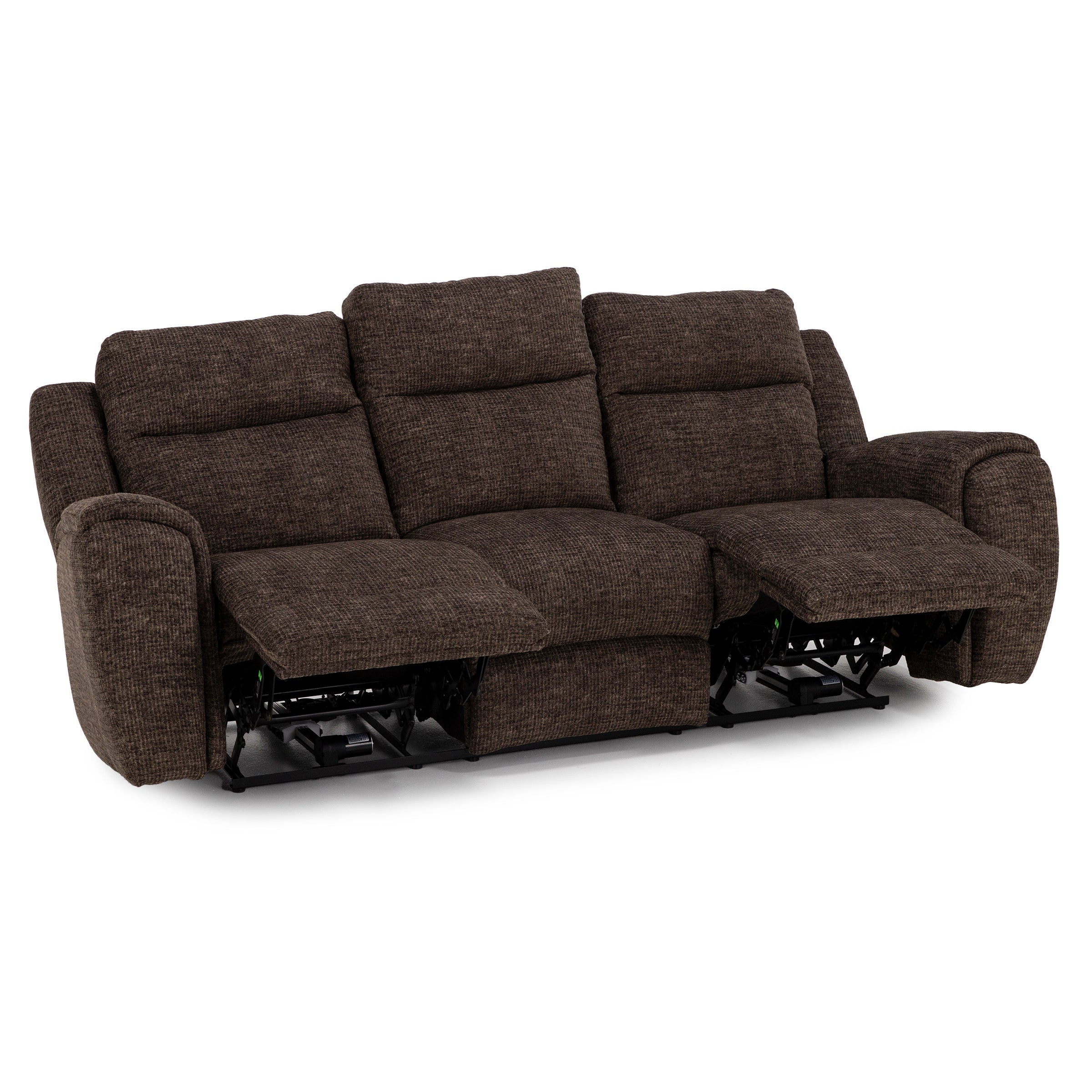 Brown fabric reclining sofa with two extended footrests.