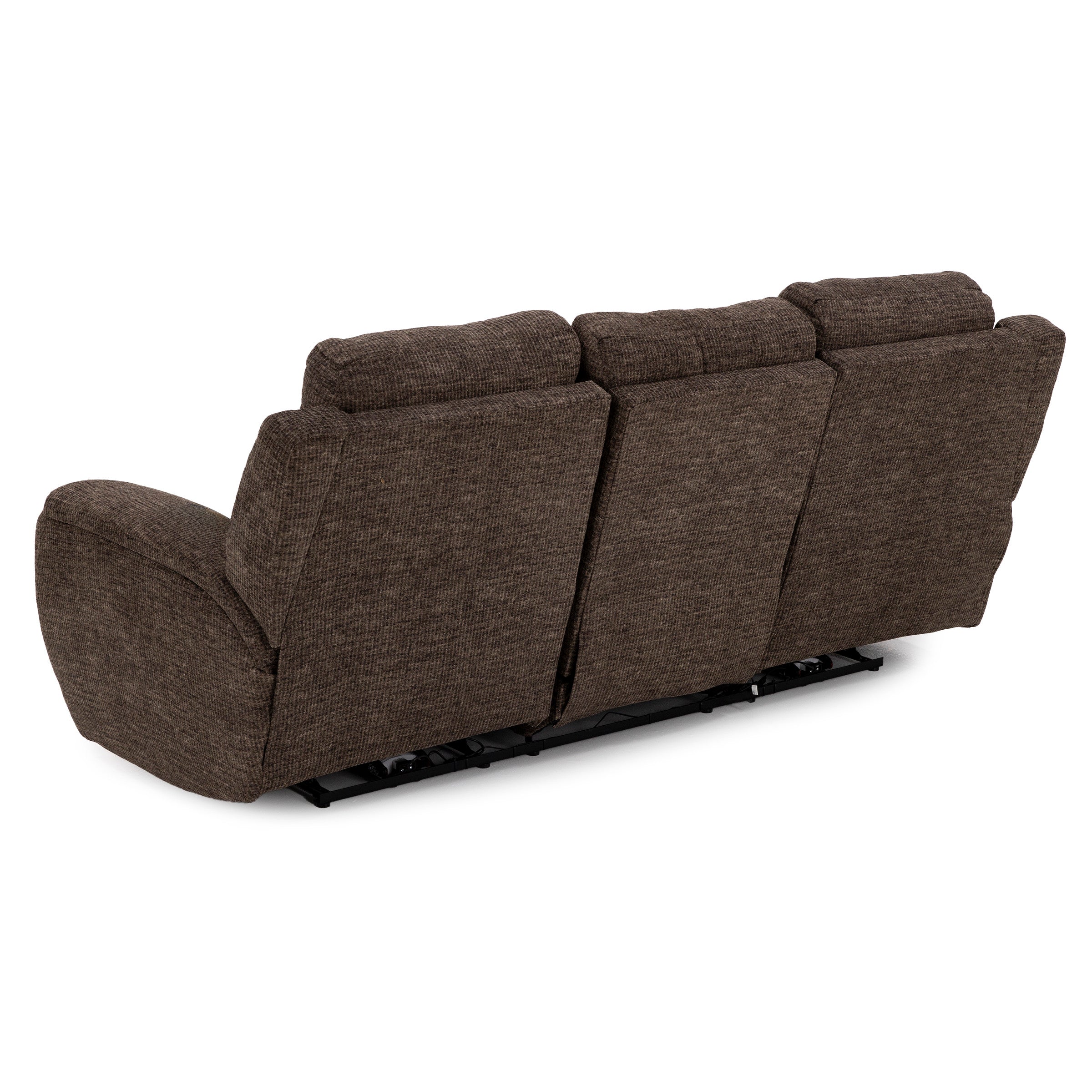 Back view of a three-seat brown fabric recliner sofa.