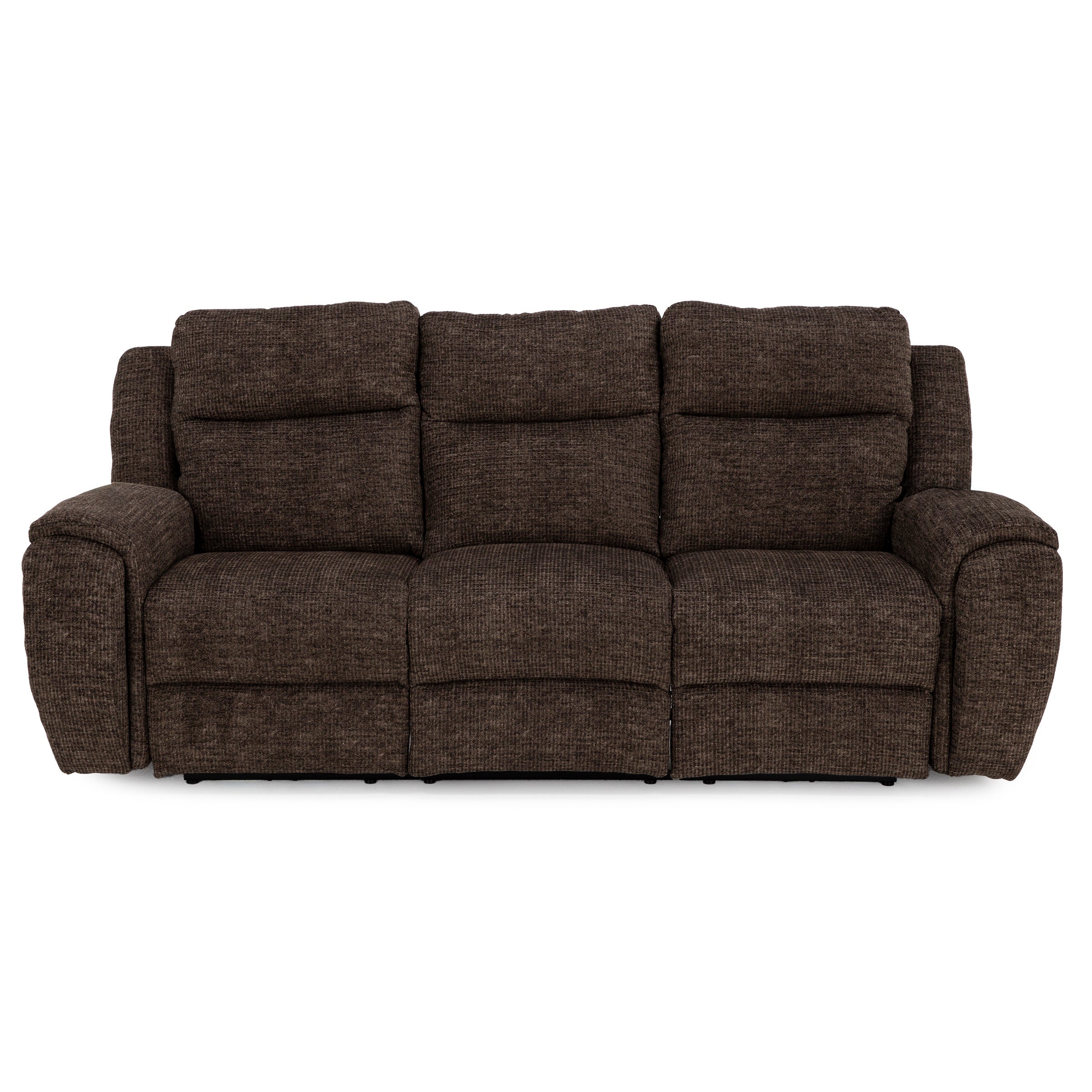 Dark brown three-seat sofa with plush cushions and wide armrests.