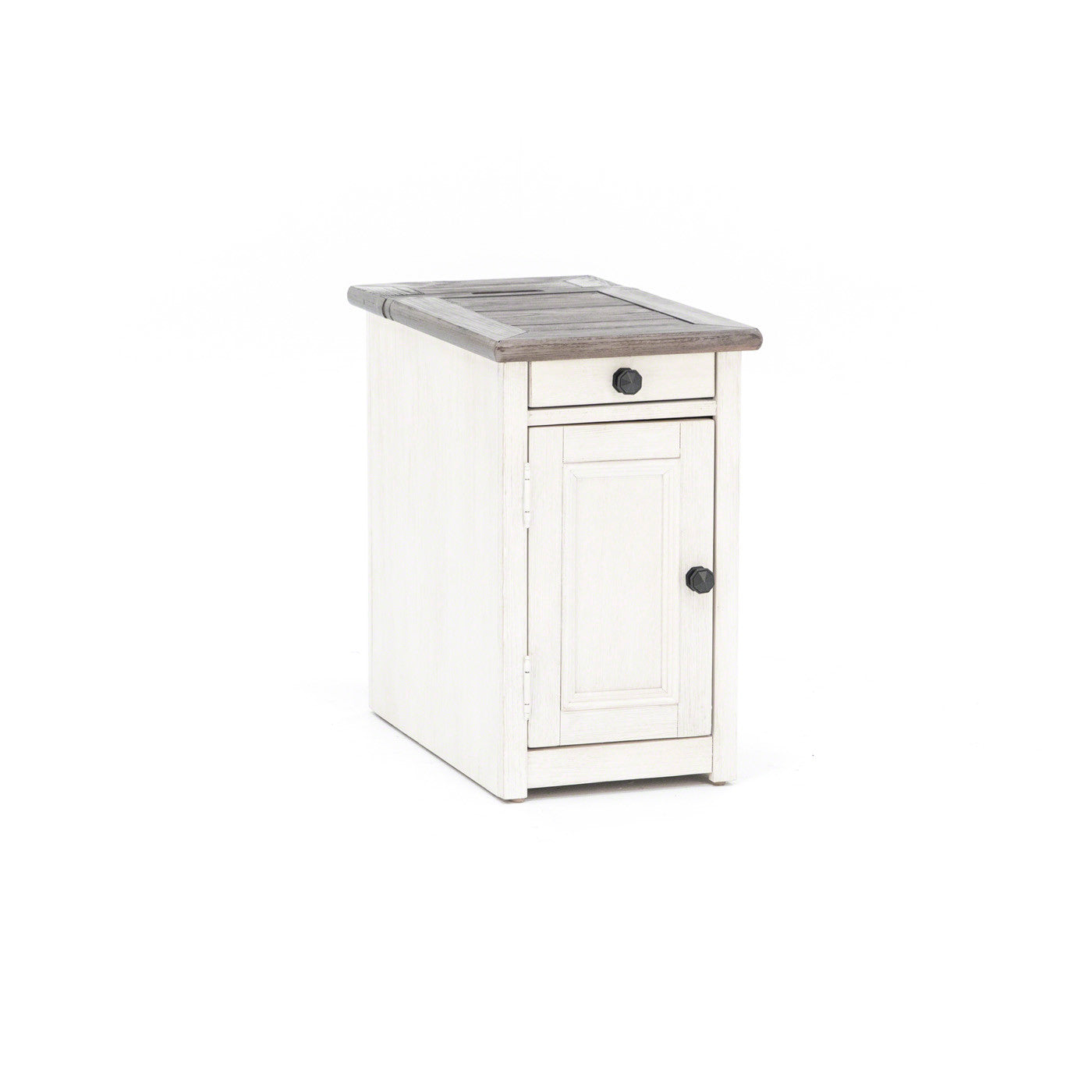 Small white cabinet with one drawer and one door, suitable for home storage.