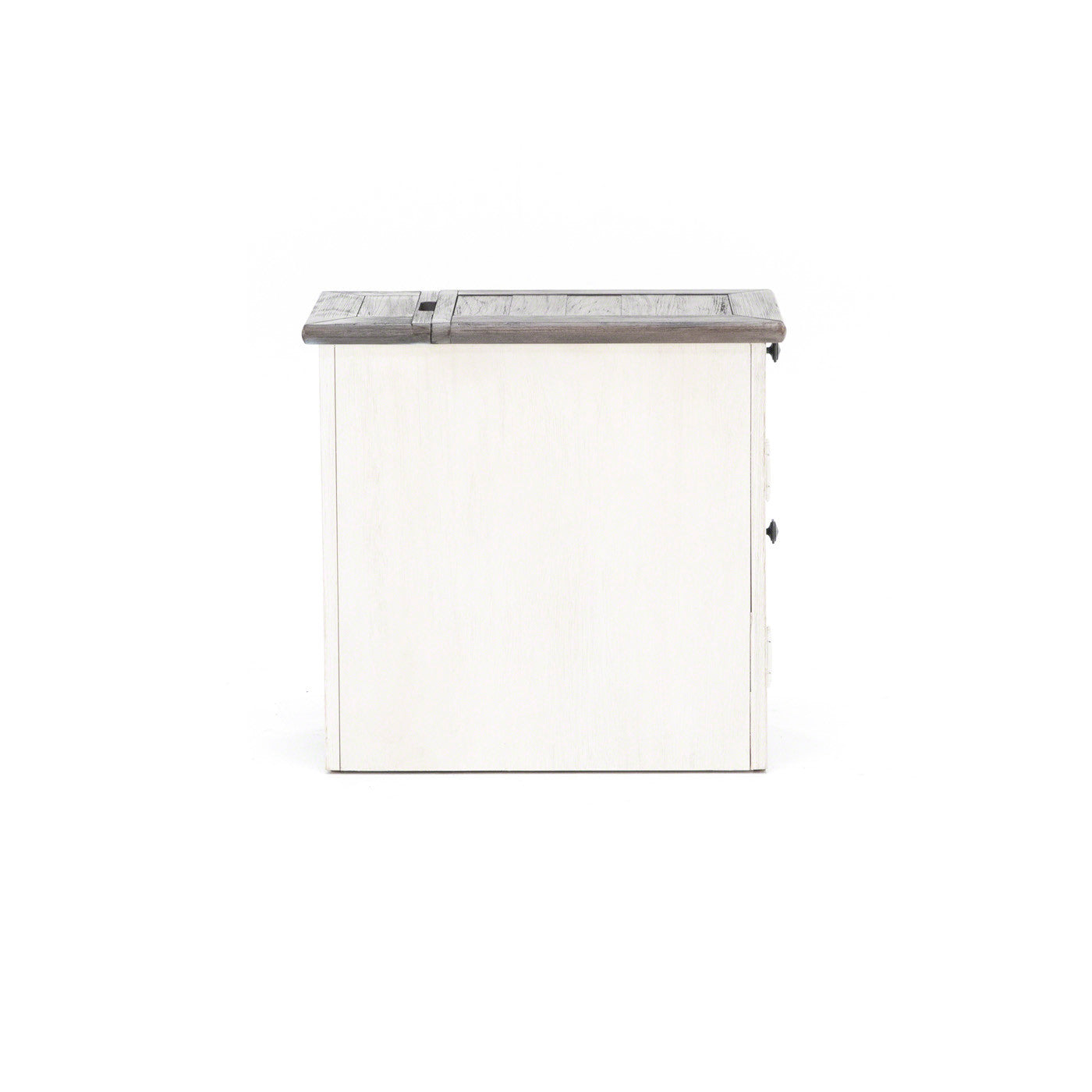 Side view of a white wooden cabinet with a gray top, shown against a plain background.