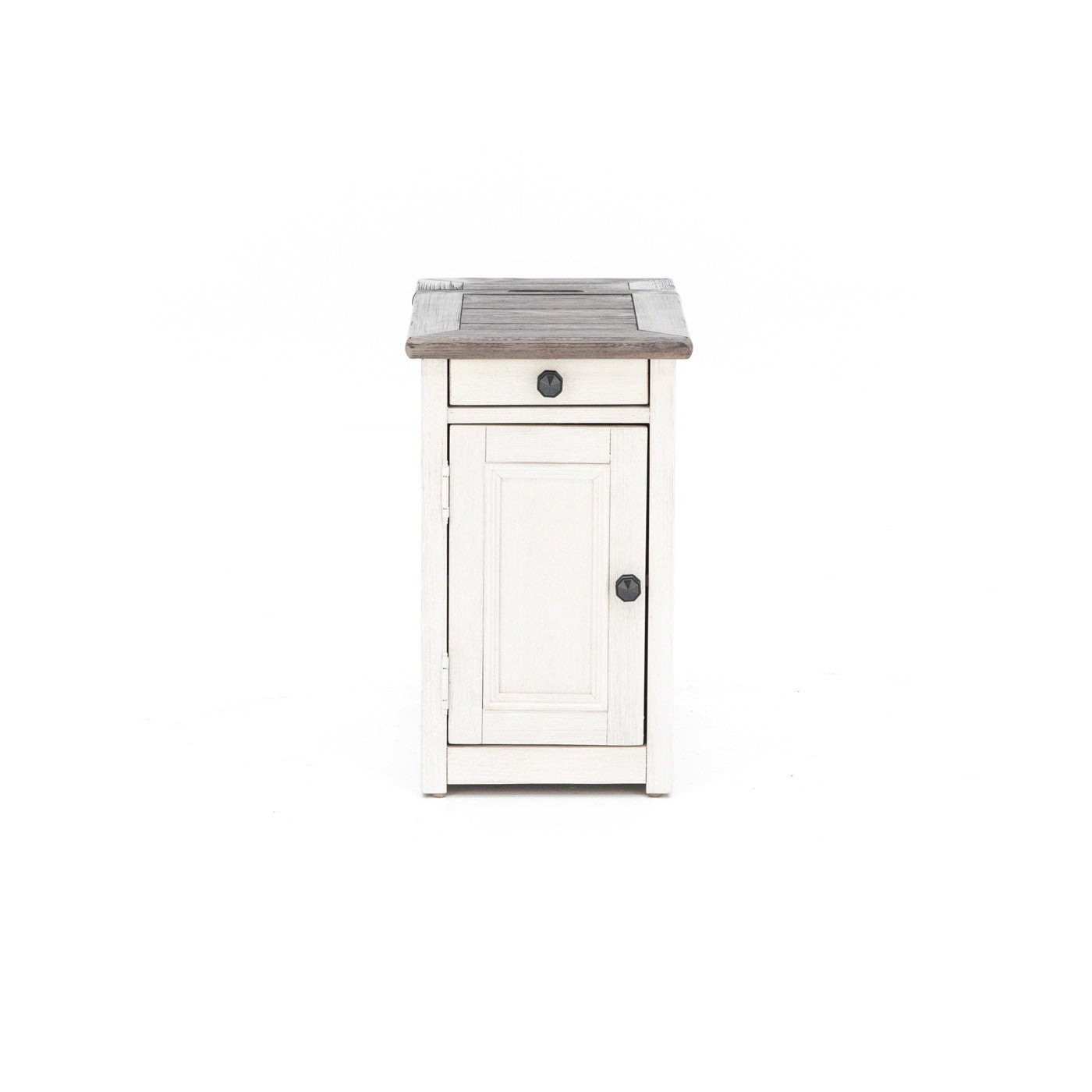 White nightstand with a single drawer and cabinet door, dark wood top.