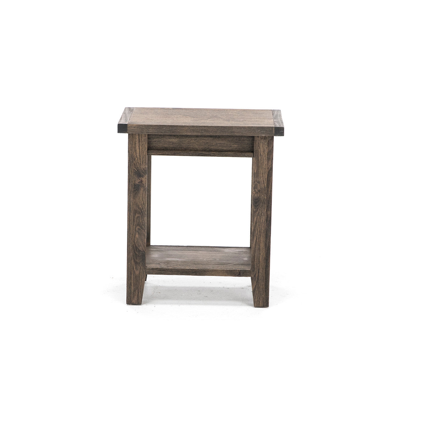 Rectangular wooden end table with lower shelf on white background.