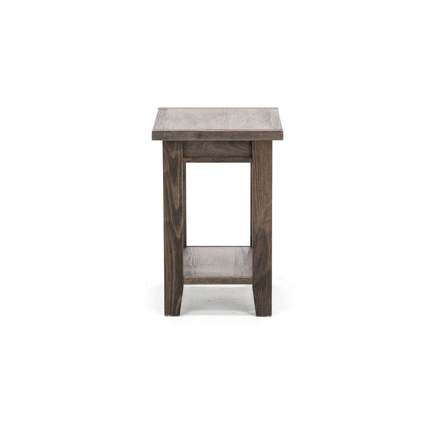 Narrow wooden side table with a lower shelf, shown from the front.