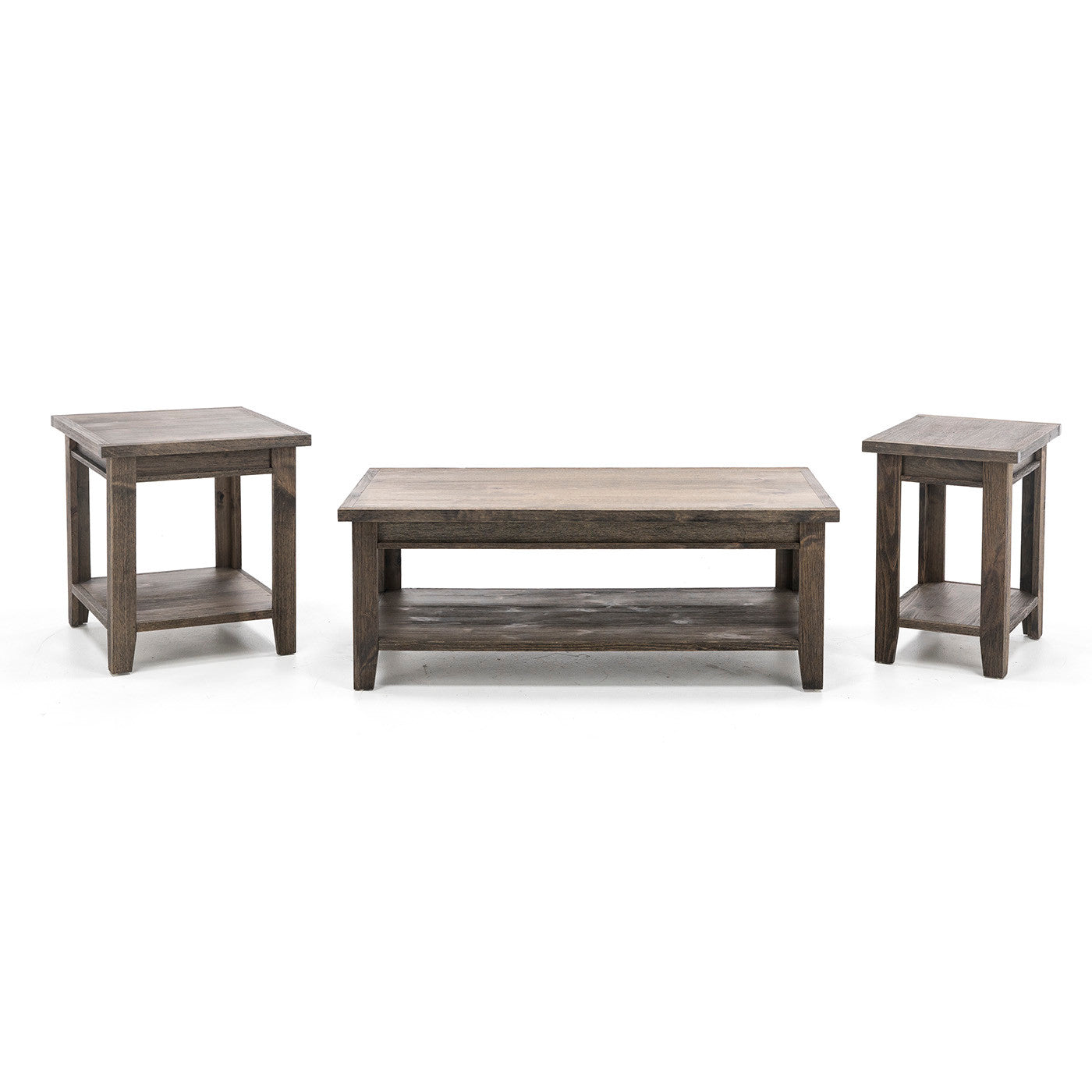 Three-piece wood table set with rectangular coffee table and two square end tables.