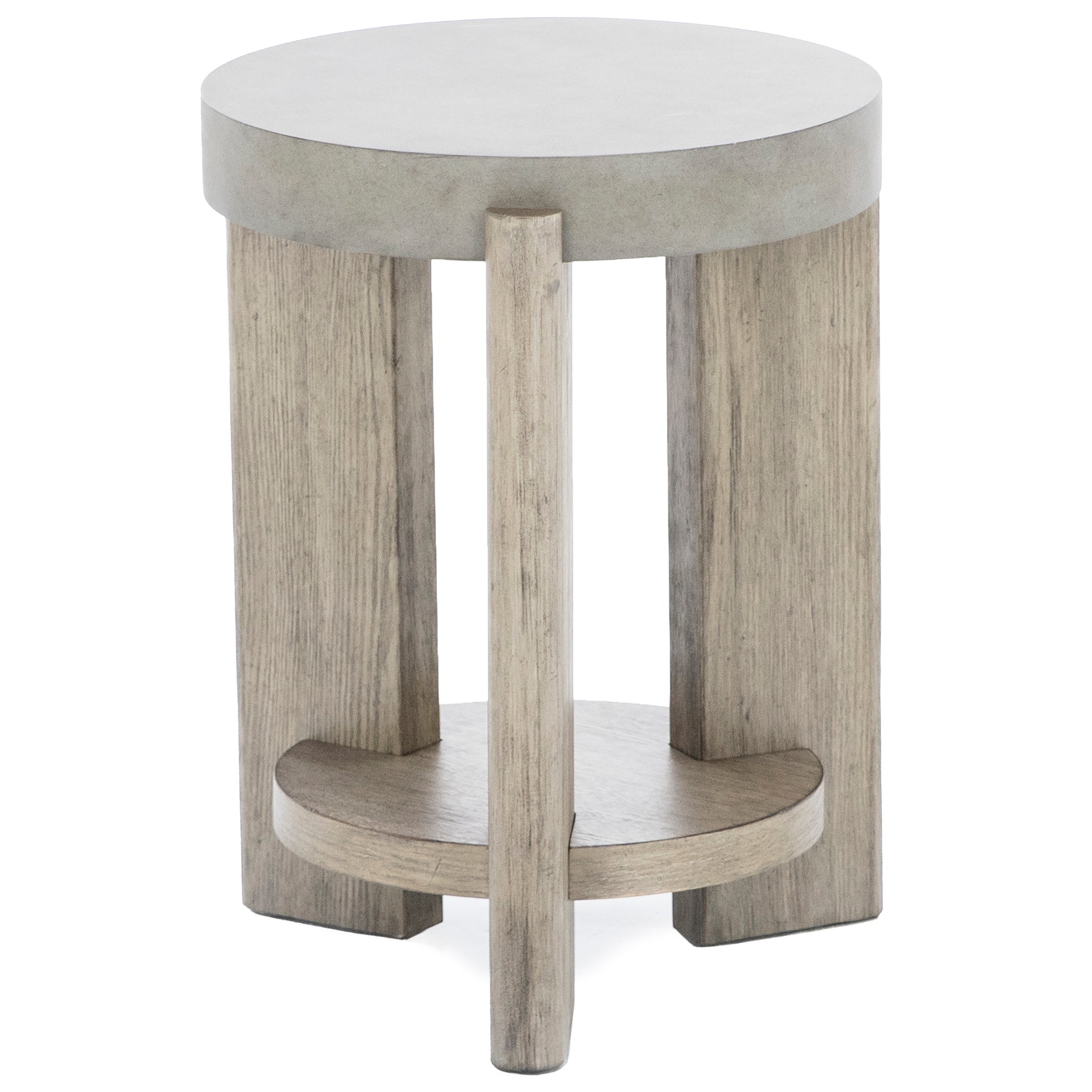 Round side table with light wood legs and gray top, suitable for living room or bedroom.