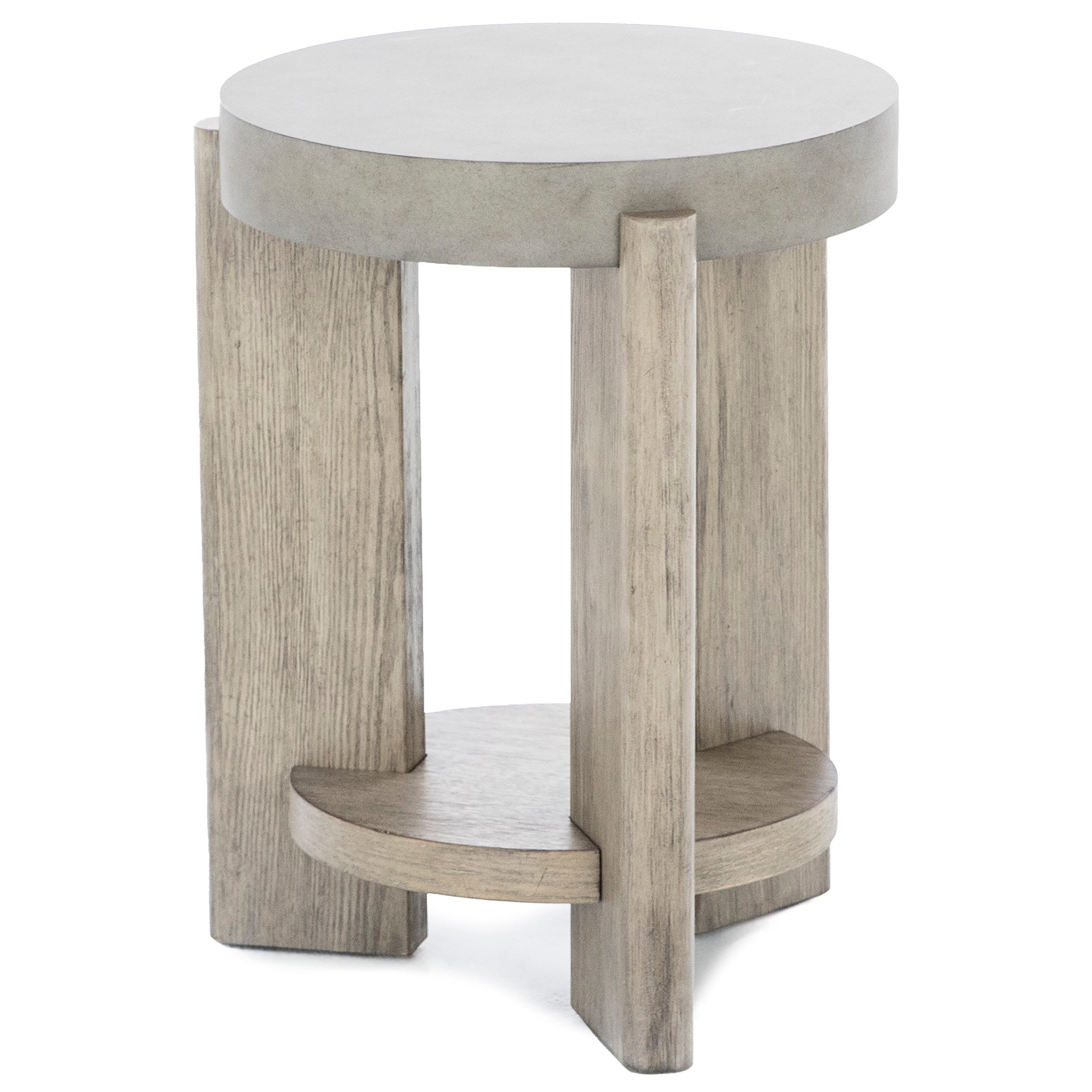 Round side table with a concrete top and light wood legs and shelf.