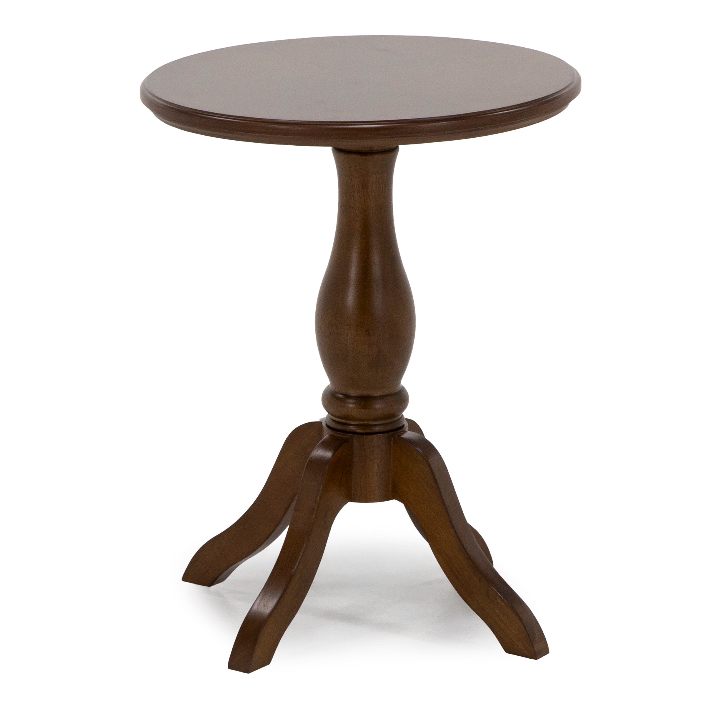 Round wooden accent table with pedestal base.