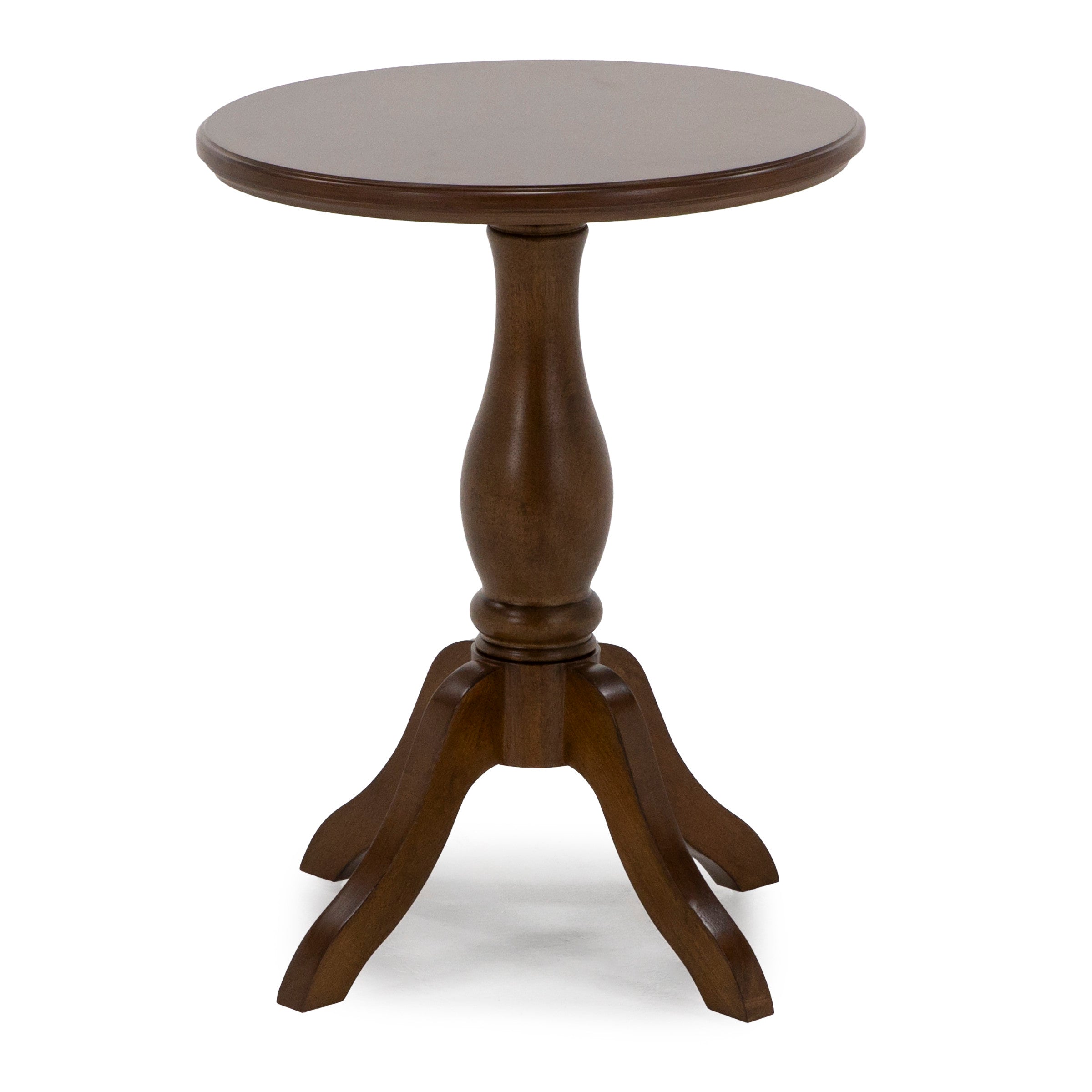 Round wooden pedestal side table with four curved legs.
