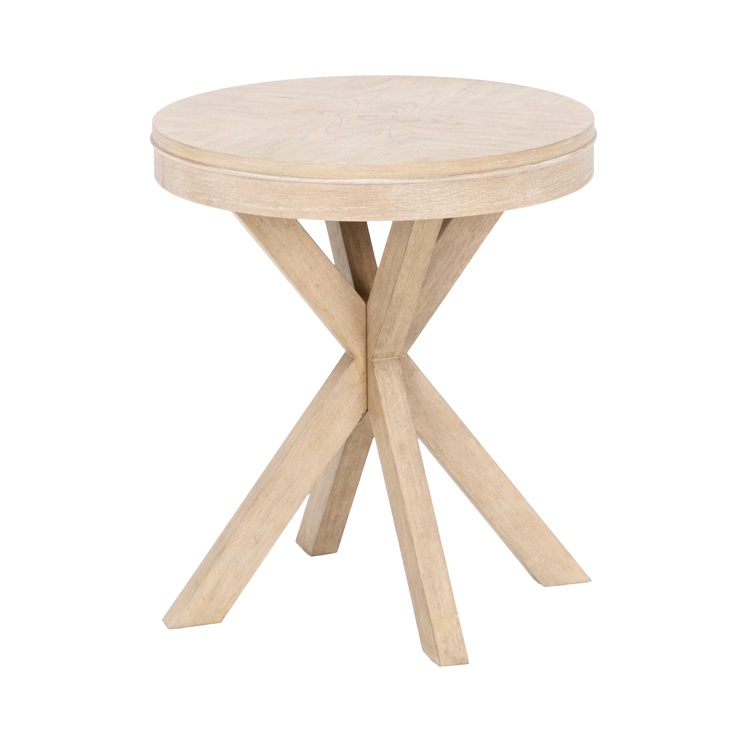 Round light wood side table with crisscross legs