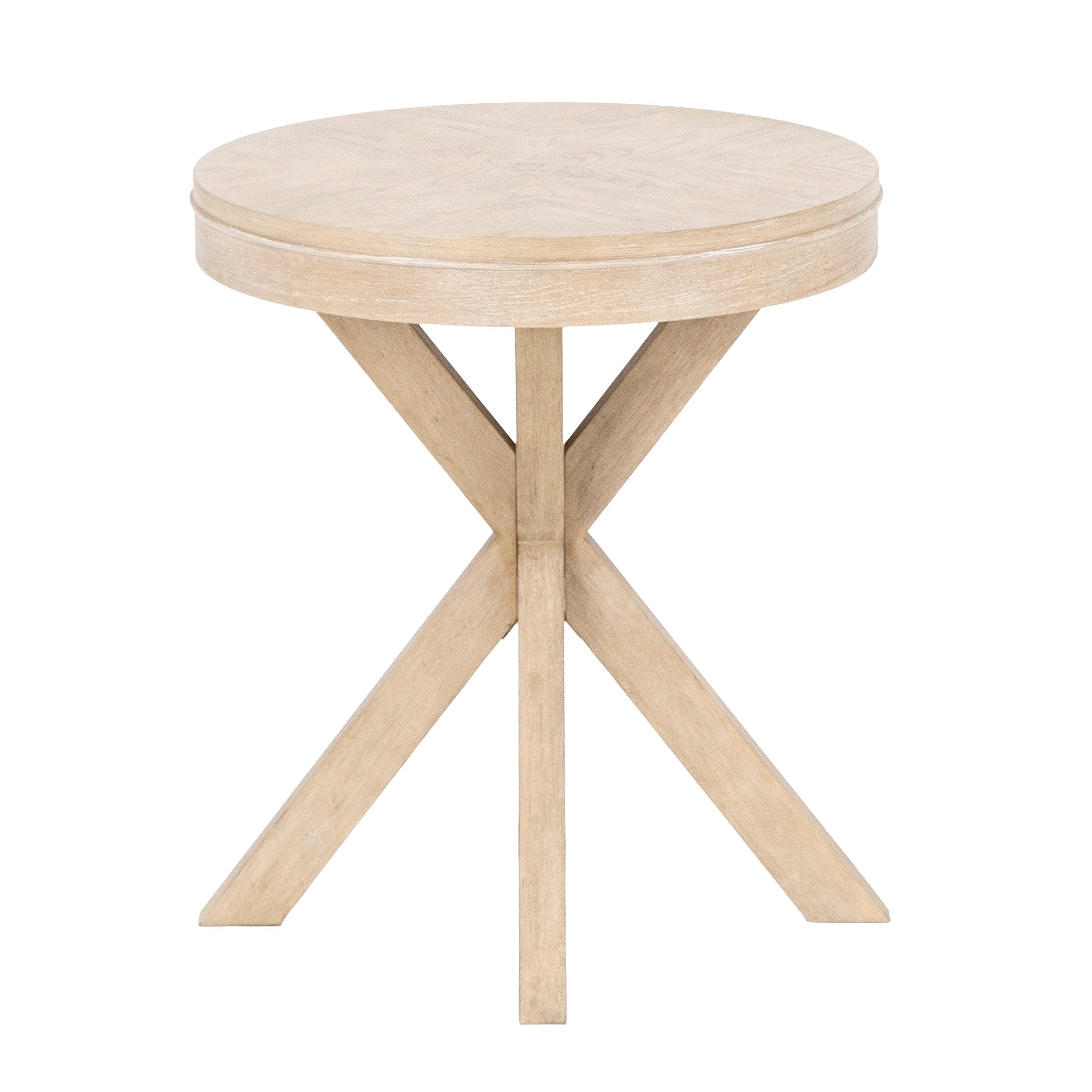 Round light wood accent table with crossed legs.